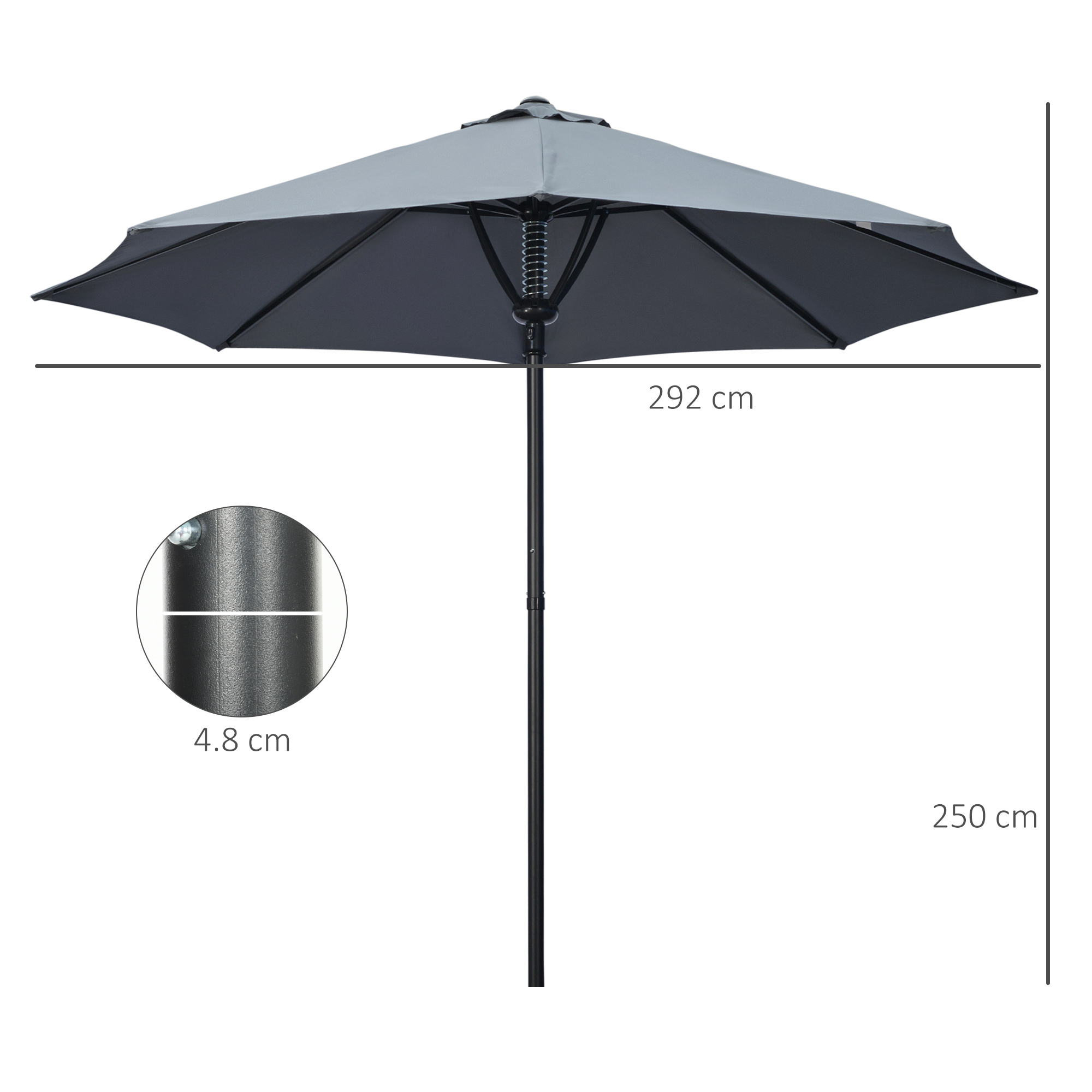 Outsunny Garden 3(m) Parasol Umbrella, Outdoor Market Table Umbrella Sun Shade Canopy with 8 Ribs, Easy Push to Open, Grey 3