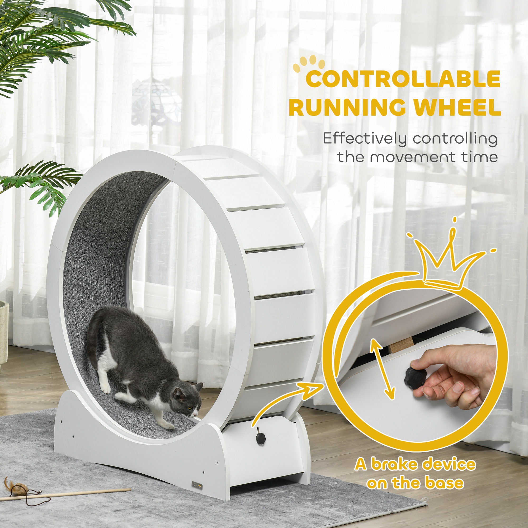 PawHut 30" Wooden Cat Running Wheel with Brake, White 6