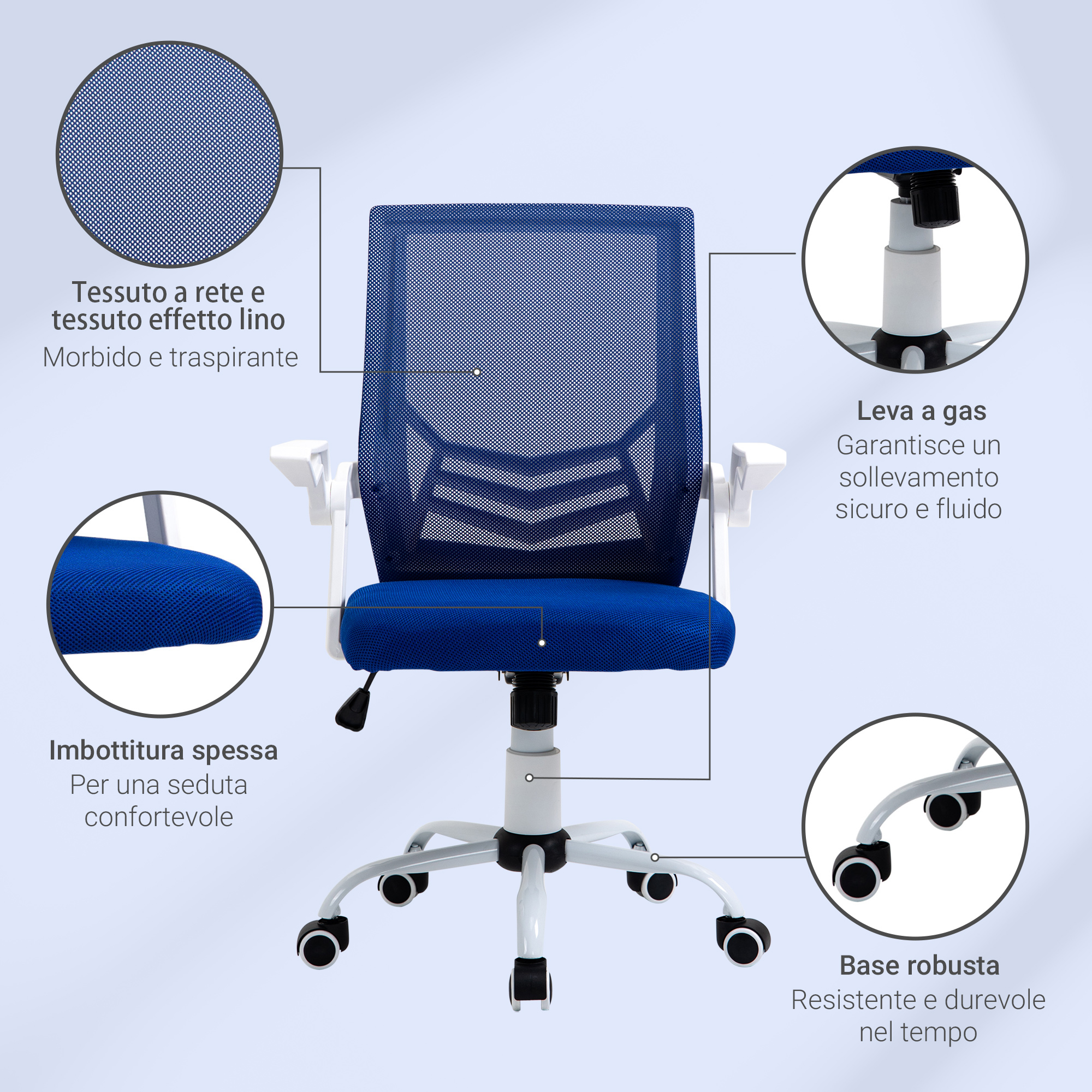 Sedia Ufficio Ergonomica In Rete Girevole Con Braccioli Ribaltabili E Supporto Lombare - Nero - 2