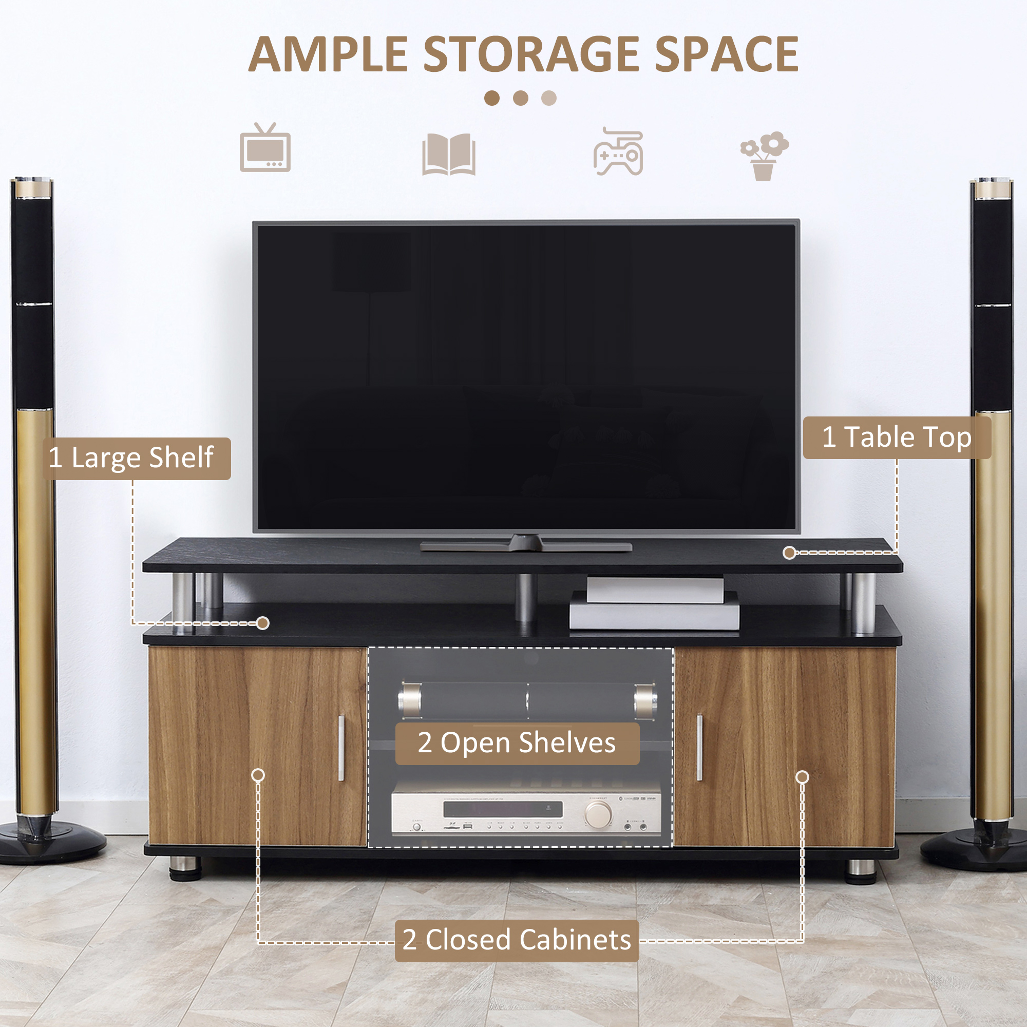 HOMCOM TV Cabinet Unit for TVs up to 50'' with Storage Shelf and Cupboards, Living Room Entertainment Center Media Console, Black and Walnut 5