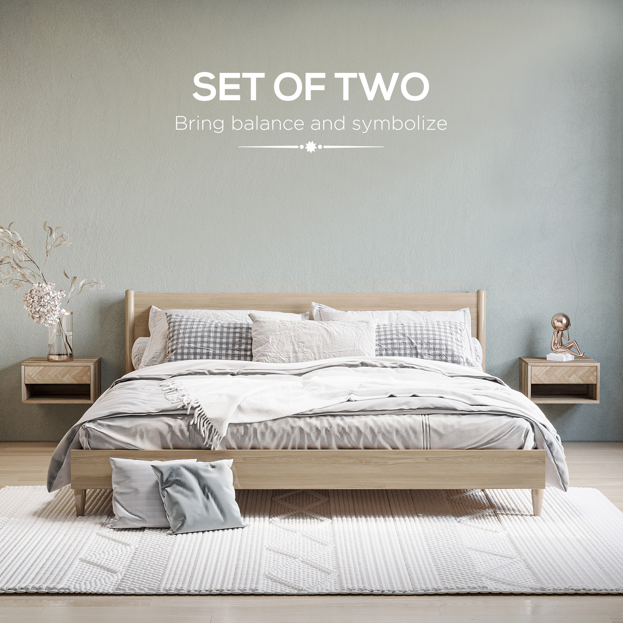 HOMCOM 2 Pieces Bedside Table Wall Mounted Nightstand with Drawer and Shelf for Bedroom, 37 x 32 x 21cm, Natural 4