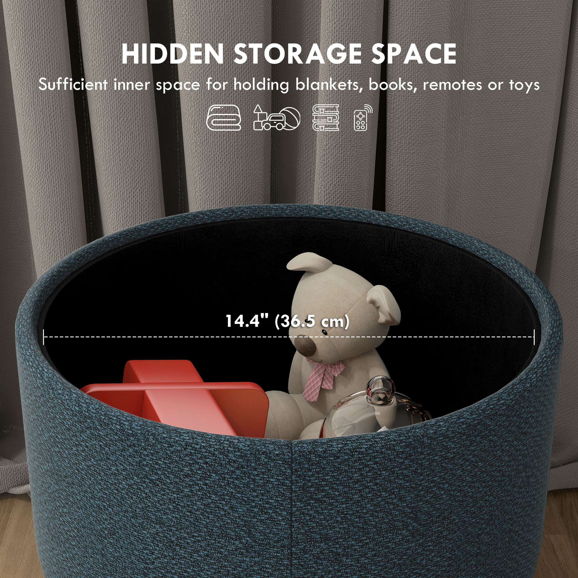 HOMCOM Round Linen-Look Storage Ottoman Blue 4
