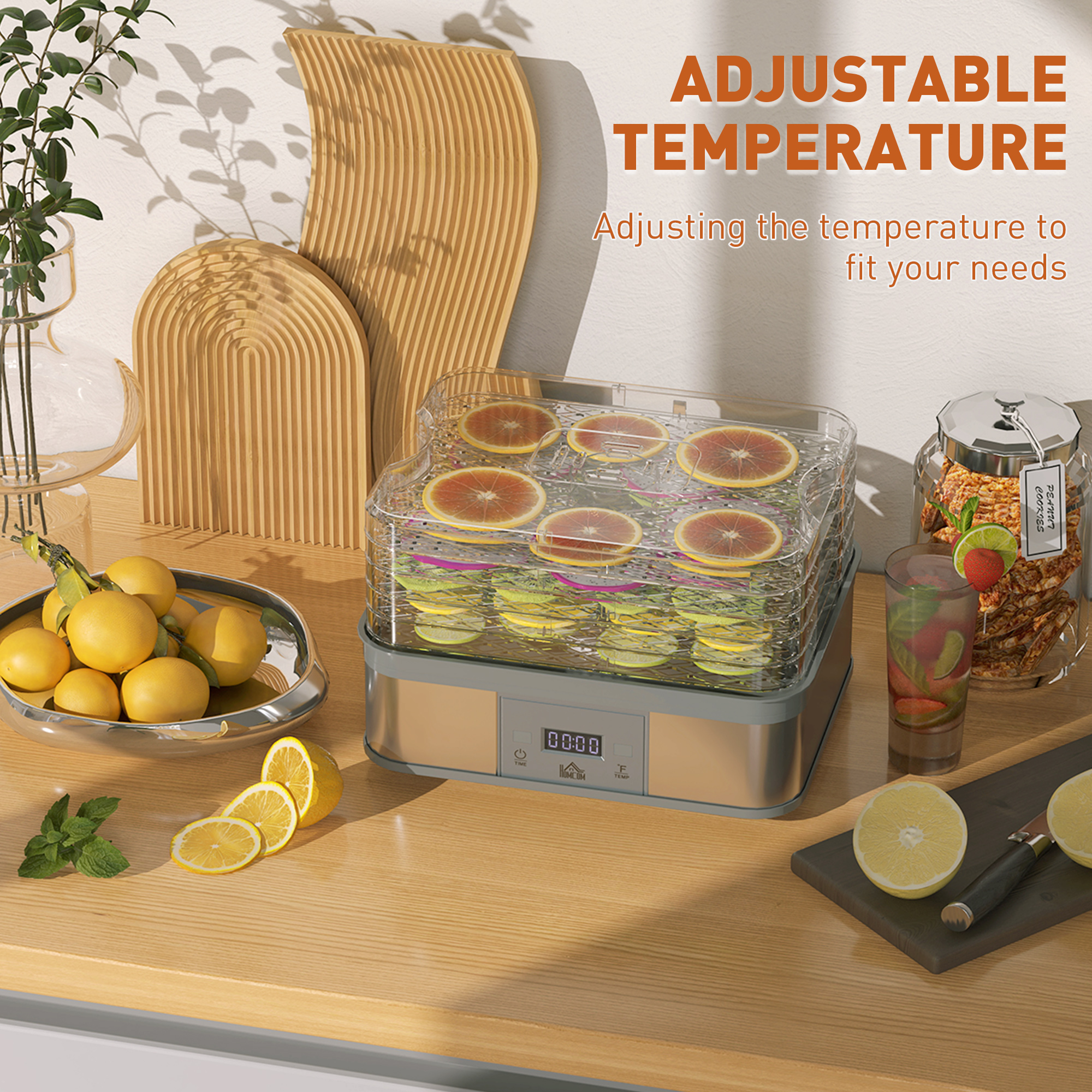 HOMCOM 5 Tier Food Dehydrator, 245W Stainless Steel Food Dryer Machine with Adjustable Temperature, Timer and LCD Display for Drying Fruit, Meat, Vegetable, Jerky and Pet Treat, Grey 8