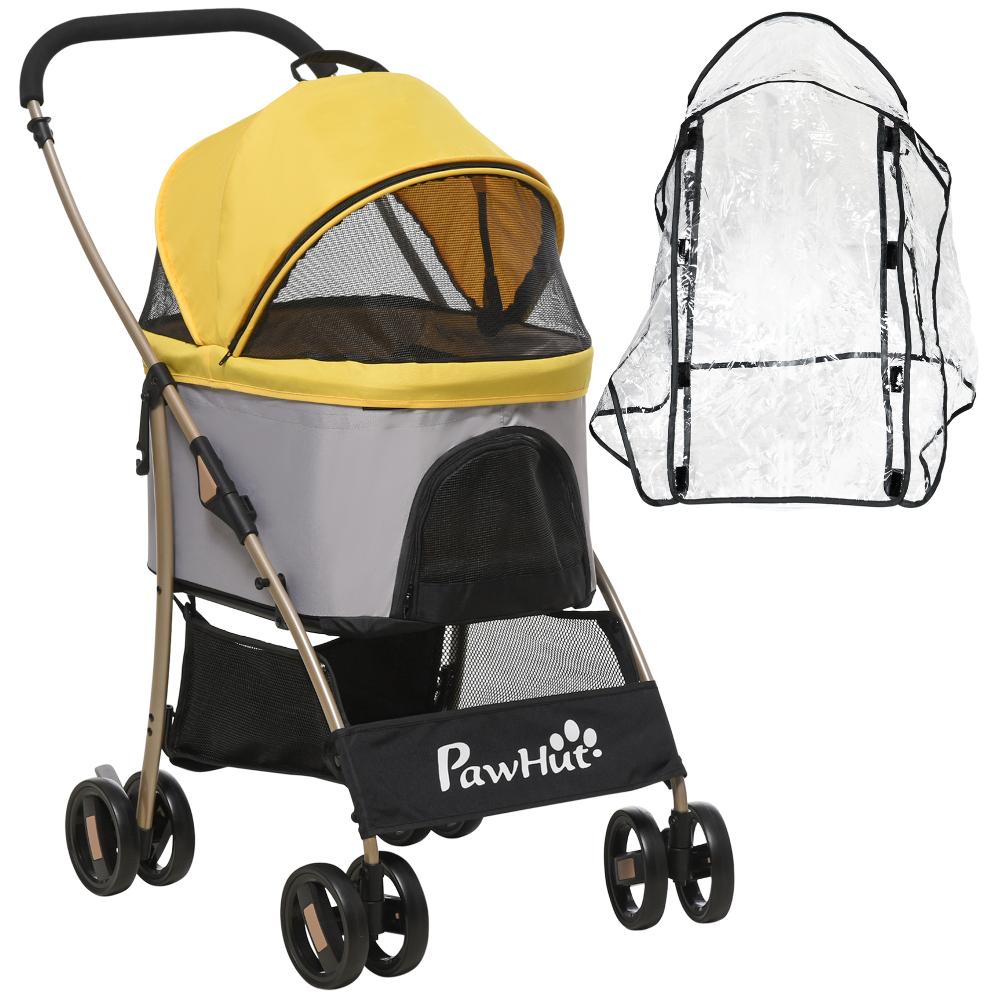 PawHut Detachable Pet Stroller with Rain Cover, 3 In 1 Cat Dog Pushchair, Foldable Carrying Bag w/ Universal Wheels, Brake, Canopy, Basket, Storage Bag for Small and Tiny Dogs - Pink