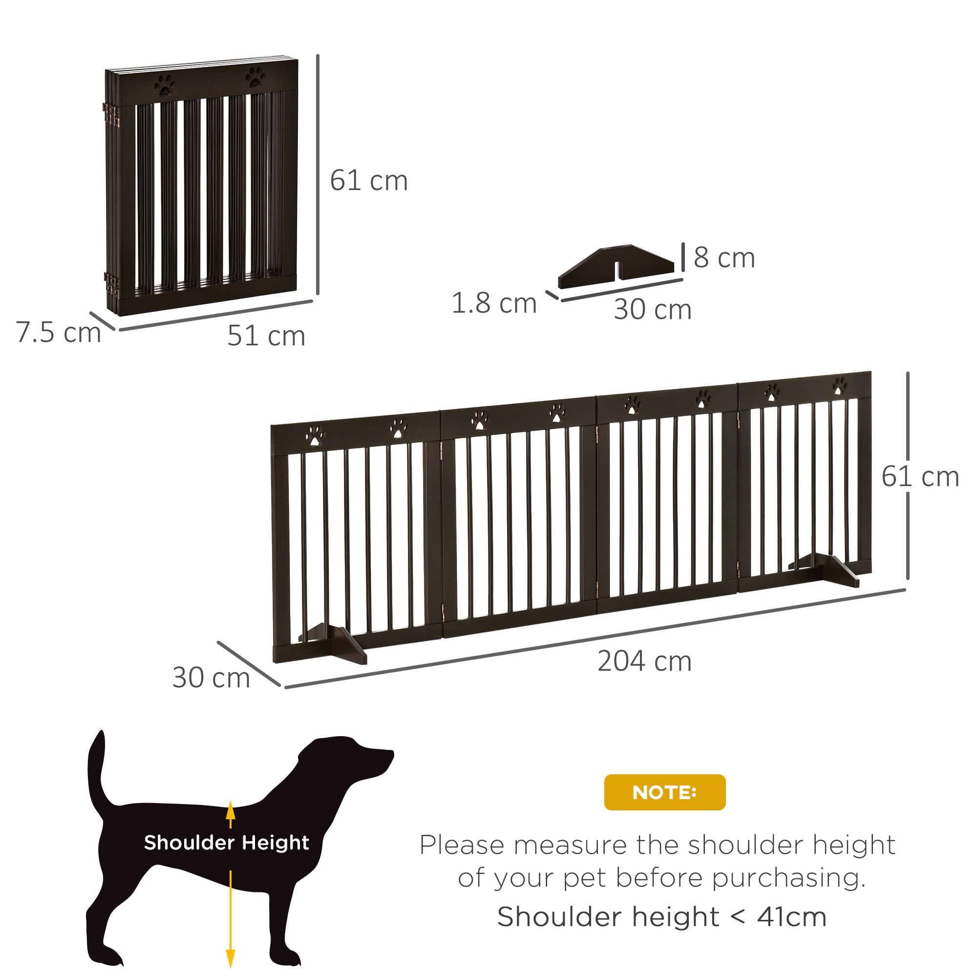 PawHut Freestanding Pet Gate 4 Panel Wooden Dog Barrier Folding Safety Fence with Support Feet up to 204cm Long 61cm Tall for Doorway Stairs Brown 3