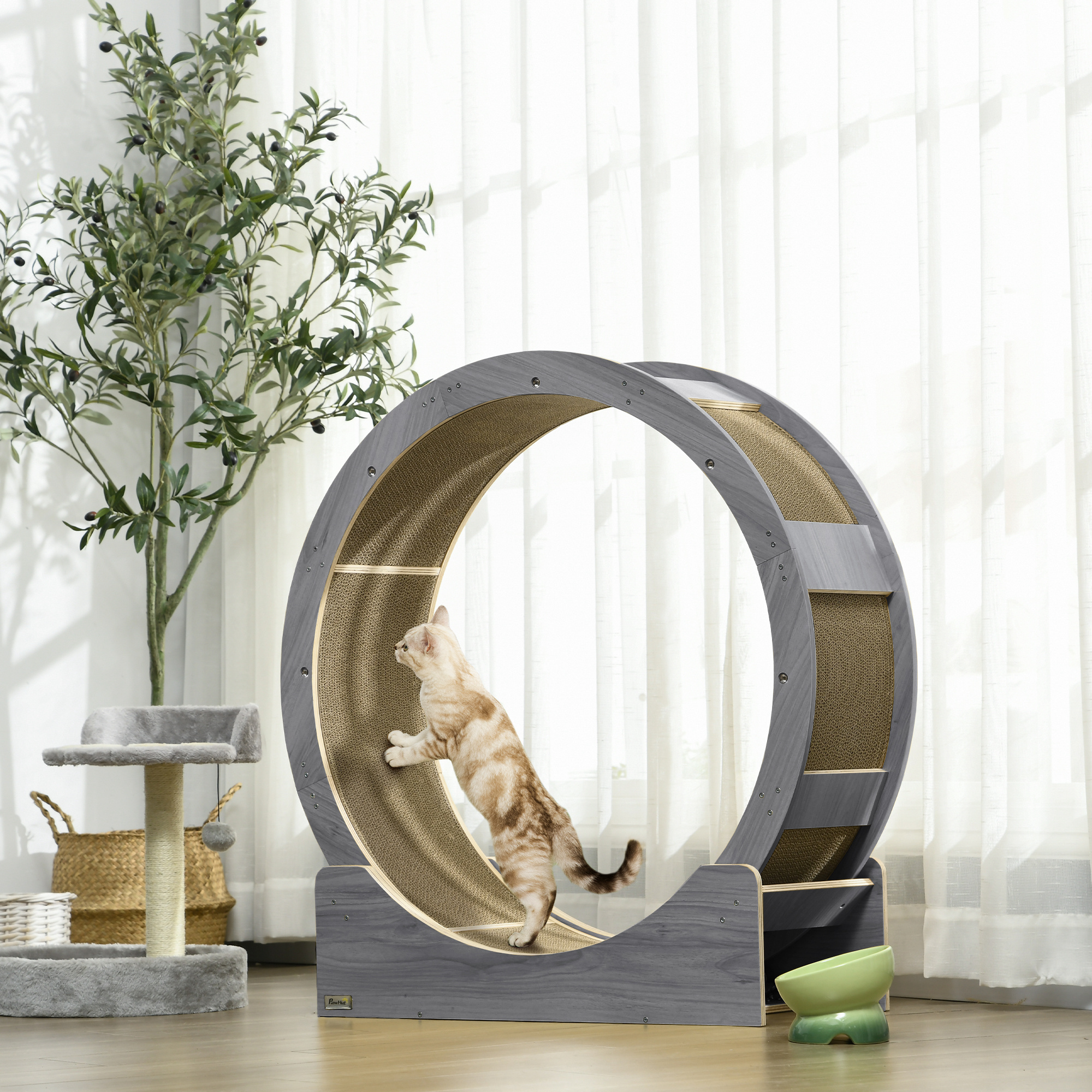 PawHut Cat Wheel with Brake, Scratching Pads Grey 2