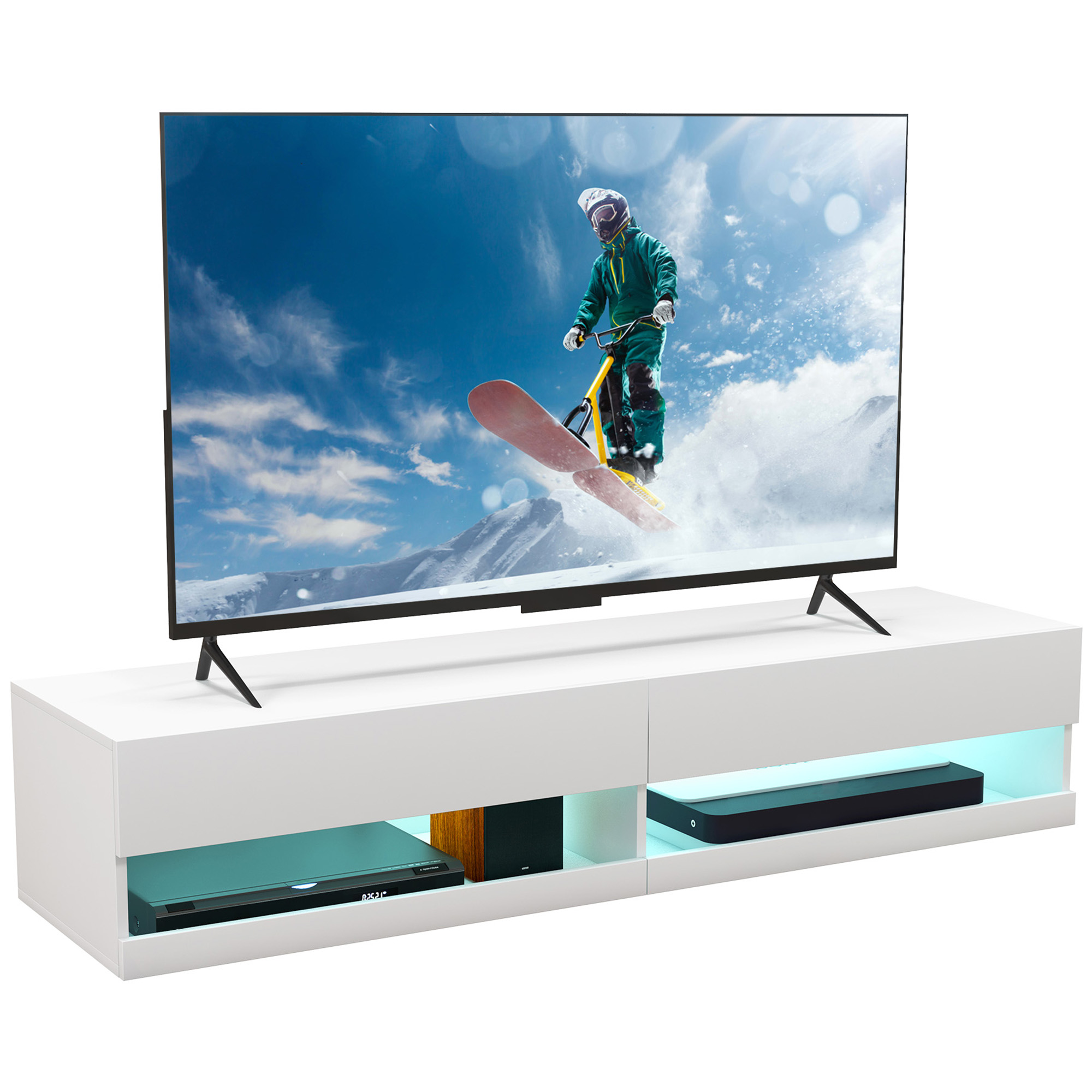 HOMCOM Meuble TV banc TV mural suspendu LED style contemporain - placards avec 2 portes battantes et 2 passe-câbles en bois Aosom France