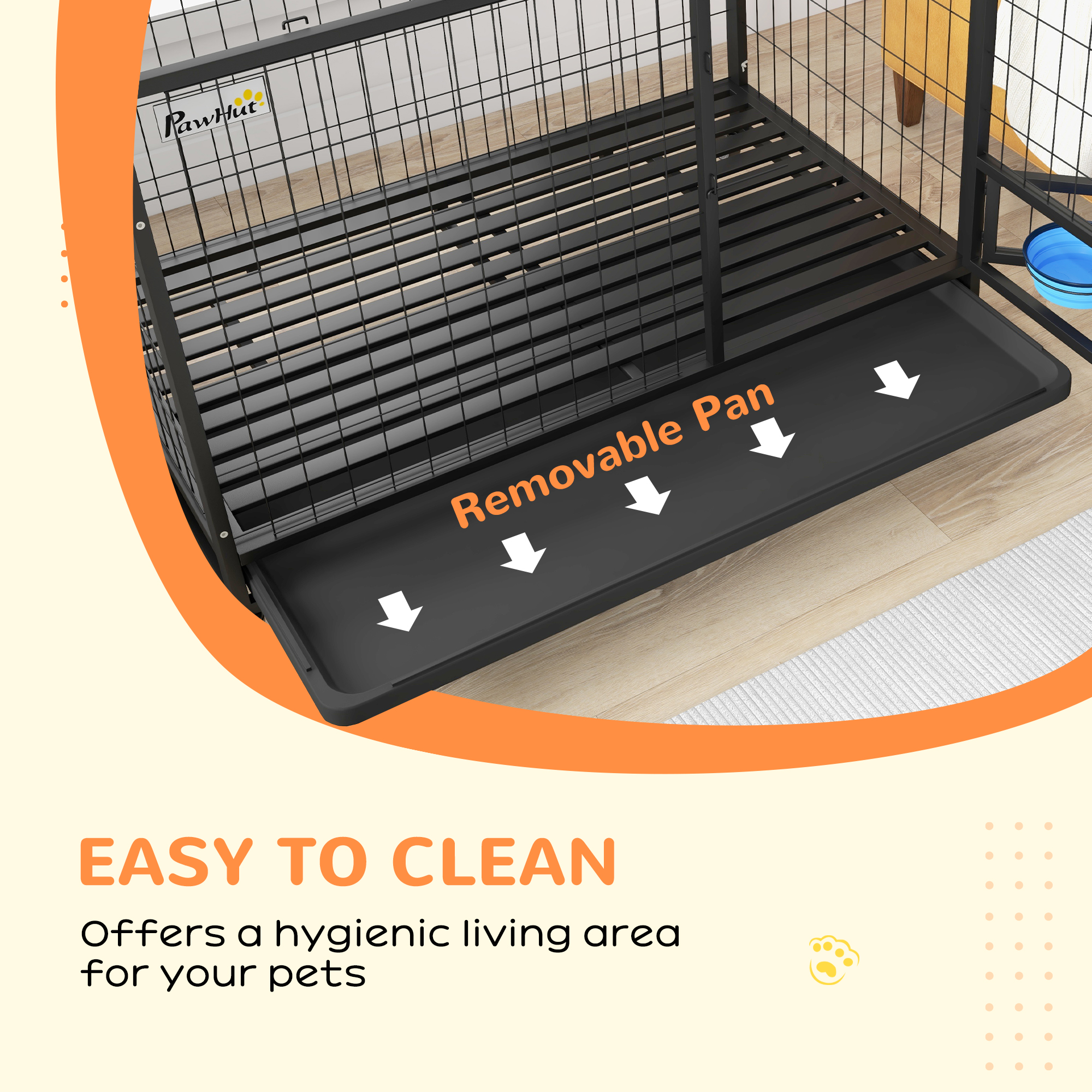 PawHut Heavy Duty Dog Crate on Wheels w/ Bowl Holder, Removable Tray, Openable Top, Detachable Door, for L, XL Dogs 8