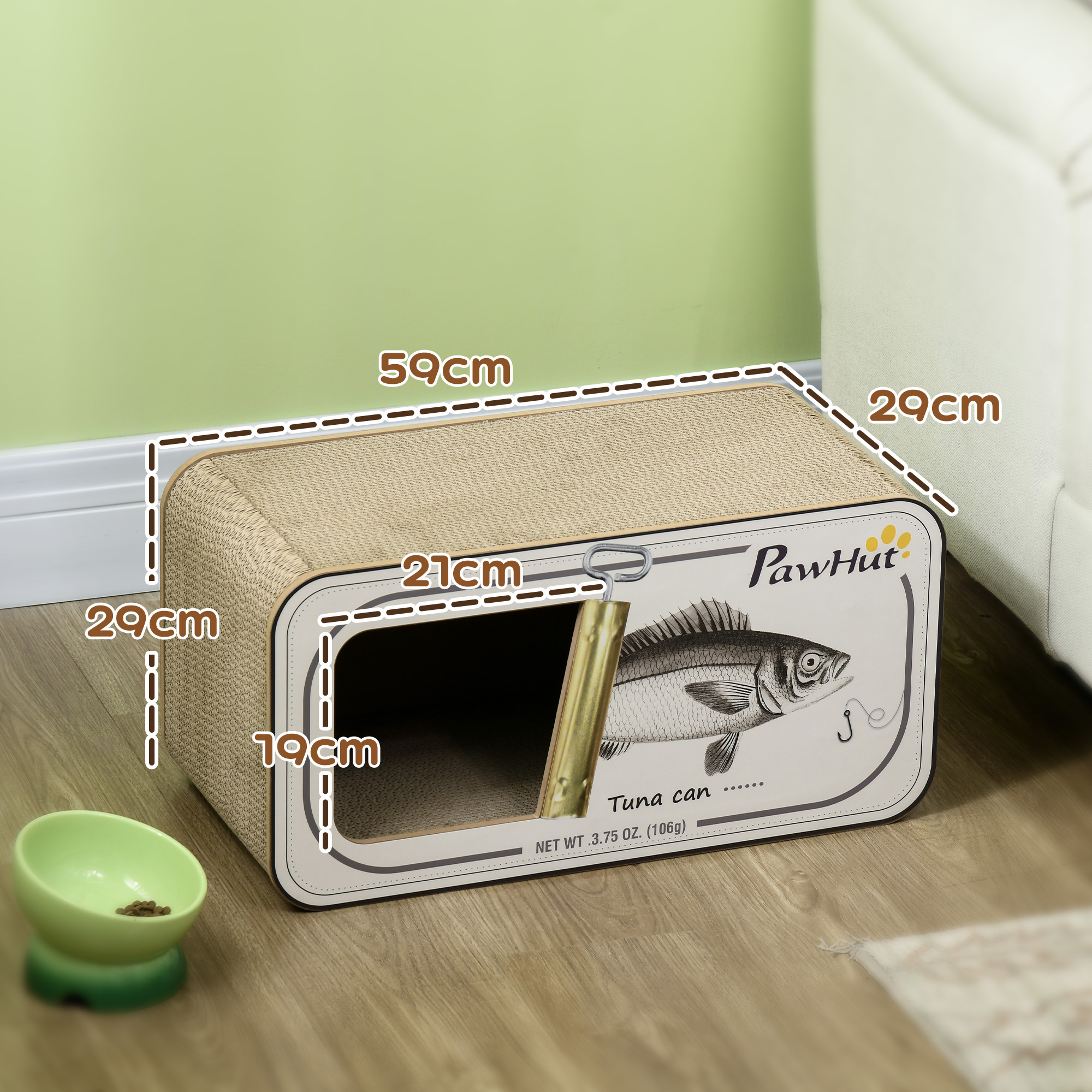 PawHut 2 in 1 Cat Scratching Board, Cardboard Cat House with Catnip, Canned Tuna Design 3