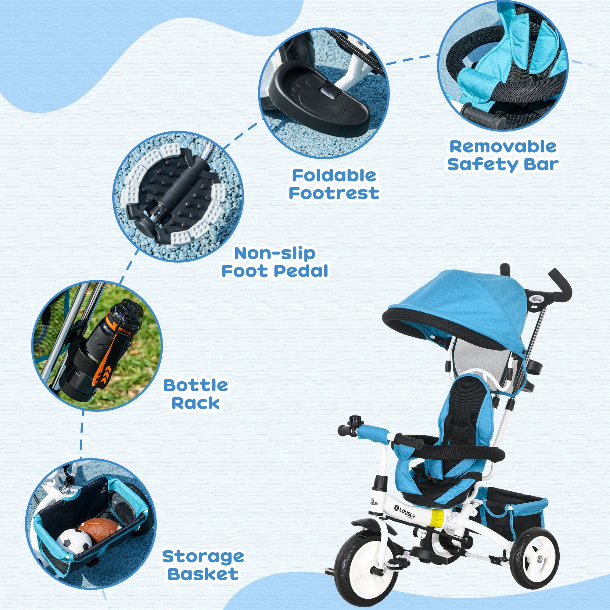HOMCOM 6 in 1 Kids Trike Push Bike w/ Push Handle, Canopy, 5-point Safety Belt, Storage, Footrest, Brake, for 1-5 Years, Blue 6