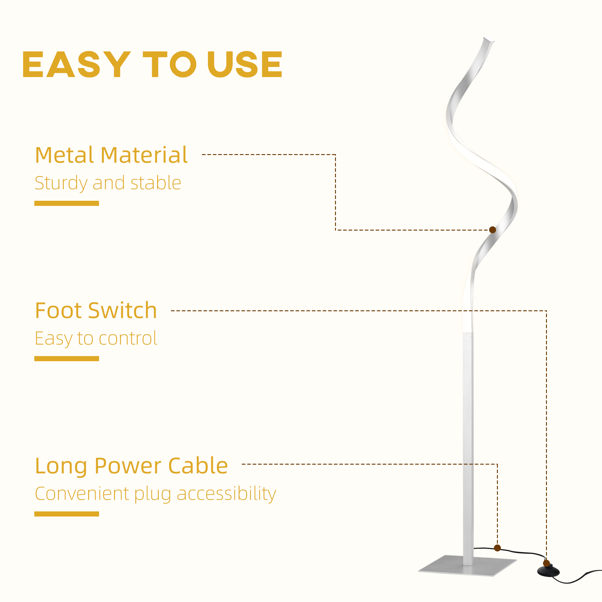 HOMCOM Dimmable Floor Lamp for Living Room, Modern Spiral Standing Lamp with 3 Adjustable Brightness and Square Base, Silver 7