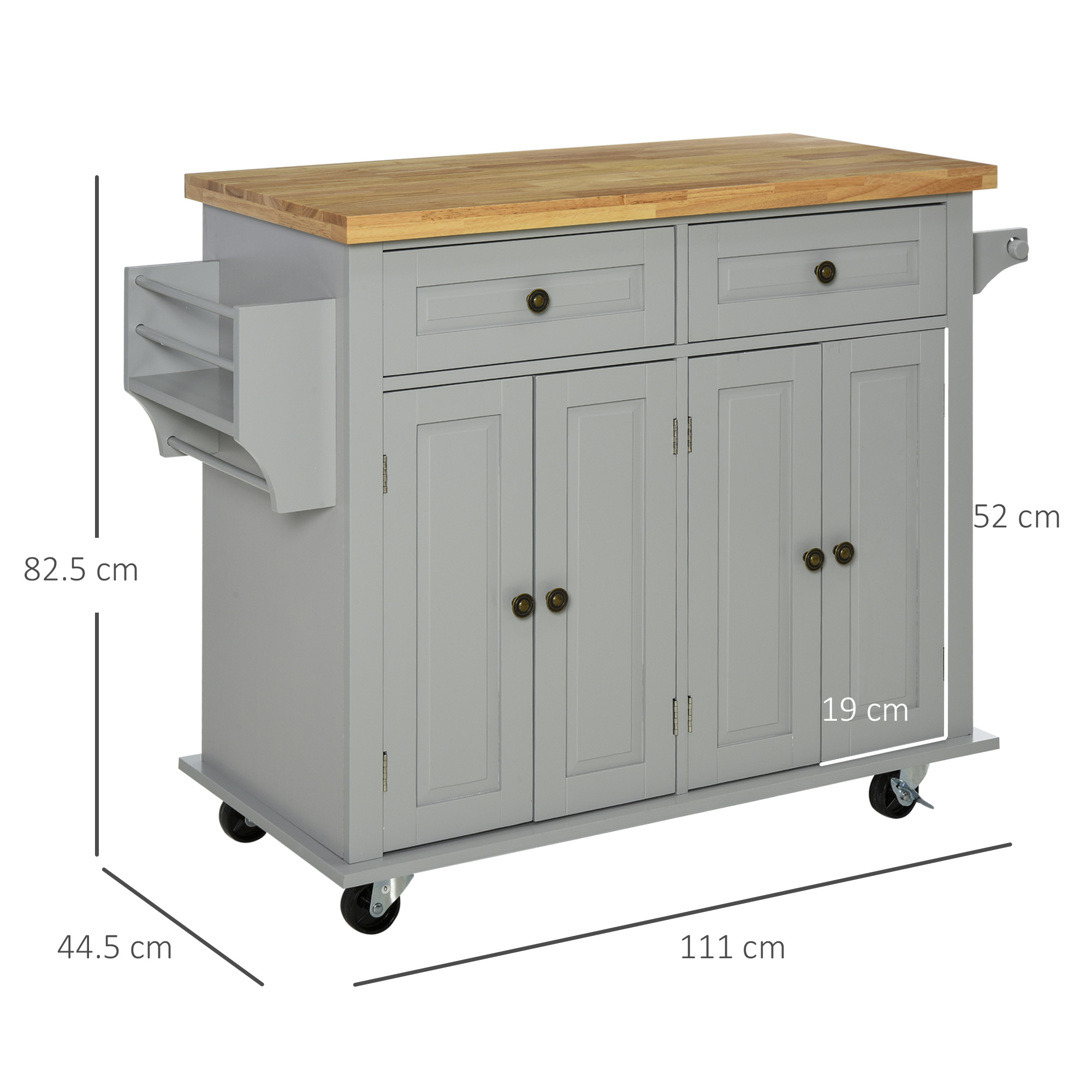 HOMCOM Rolling Kitchen Island Storage Trolley with Rubber Wood Top & Drawers for Dining Room, Grey 3