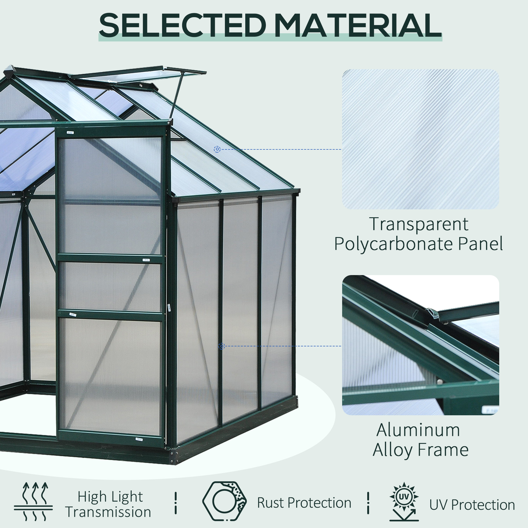 Outsunny 6 x 6ft Polycarbonate Greenhouse, Large Walk-In Green House with Slide Door and Window, Garden Plants Grow House with Aluminium Frame and Foundation, Dark Green 5