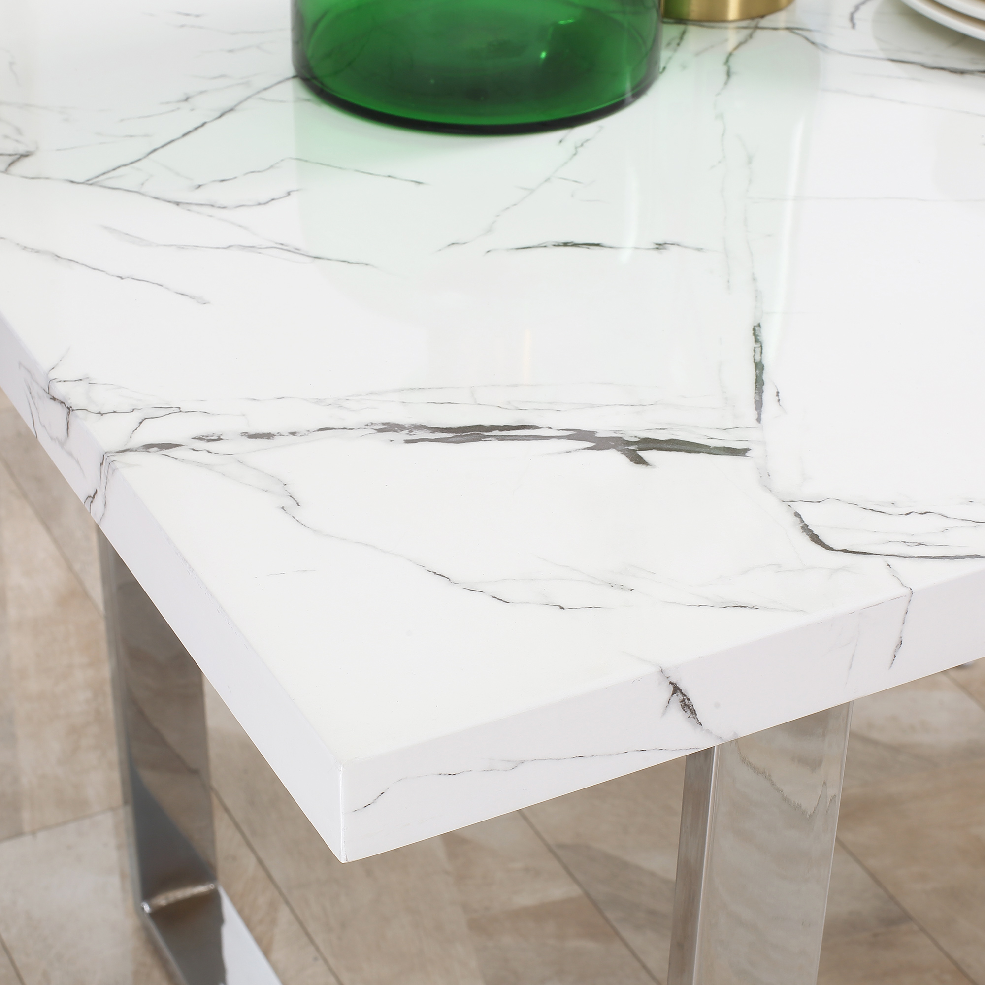 HOMCOM Modern Dining Room Table Rectangular Kitchen Table for 6-8 People with Marble Effect Tabletop Steel Legs 160 cm White 7
