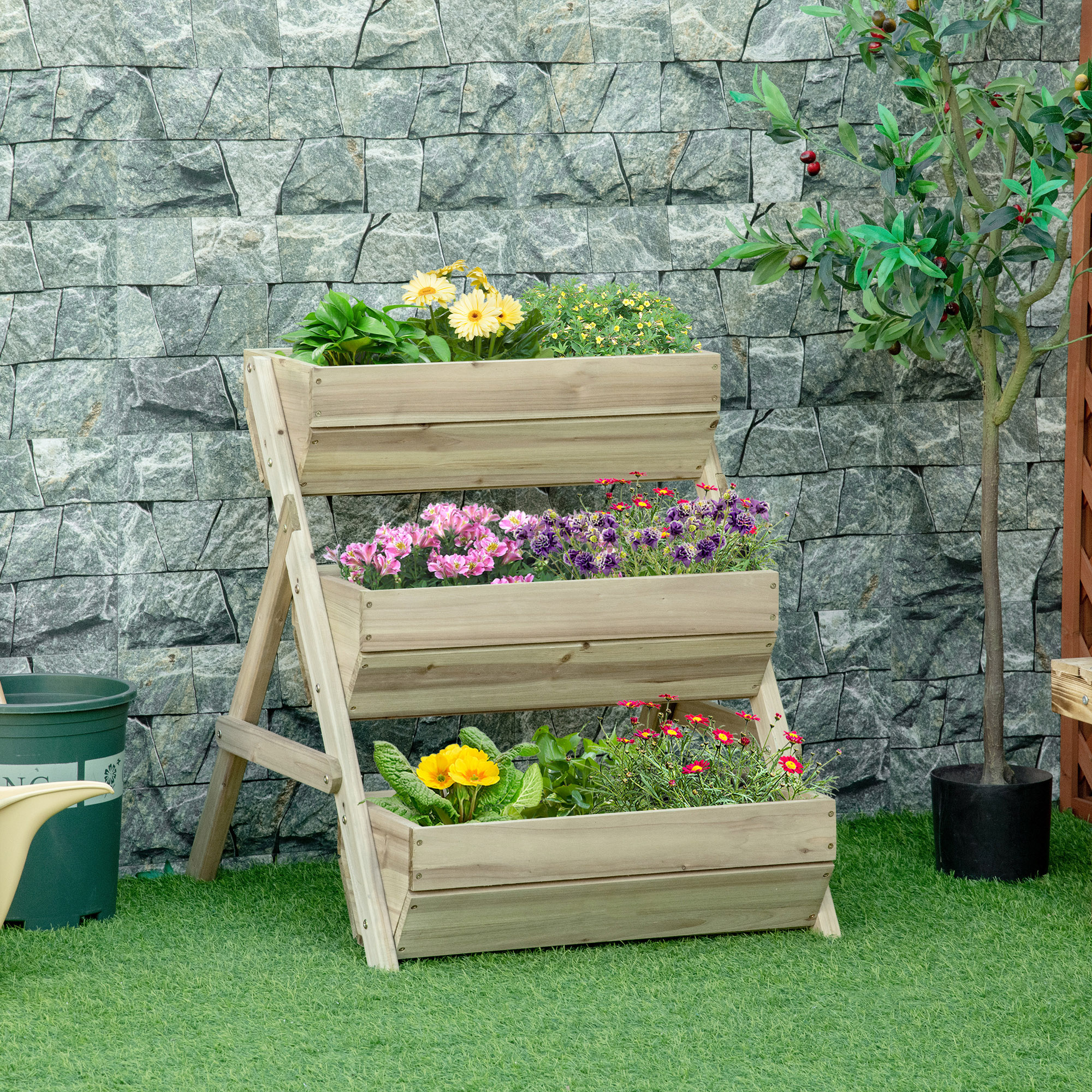 Outsunny 3 Tier Raised Garden Bed Wooden Elevated Planter Box Kit, 66L for Flower, Vegetable, Herb, 65x75x78cm, Green 2
