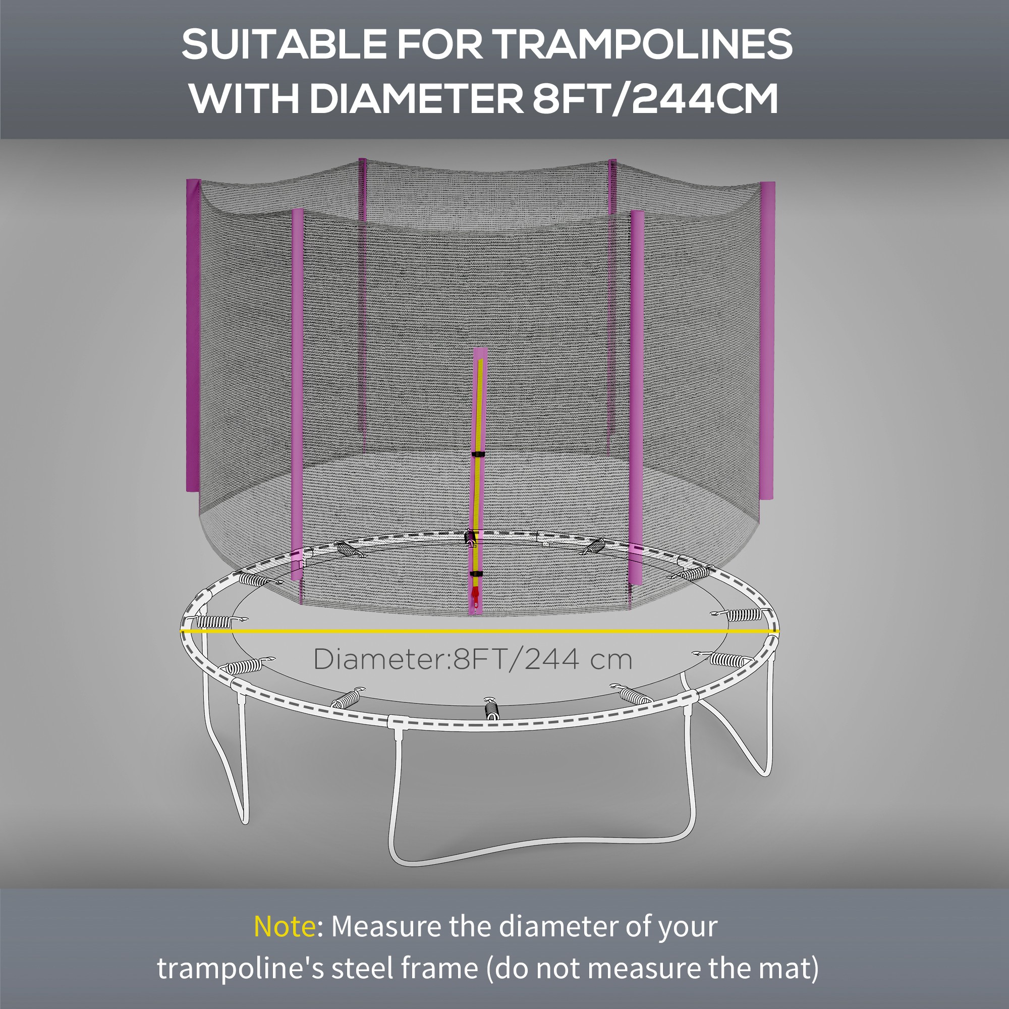 SPORTNOW 8ft Trampoline Net Replacement with 6 Plastic Pole Covers, Weather-Resistant Trampoline Netting Replacement with Zipped Entrance, Poles Not Included, Pink 4