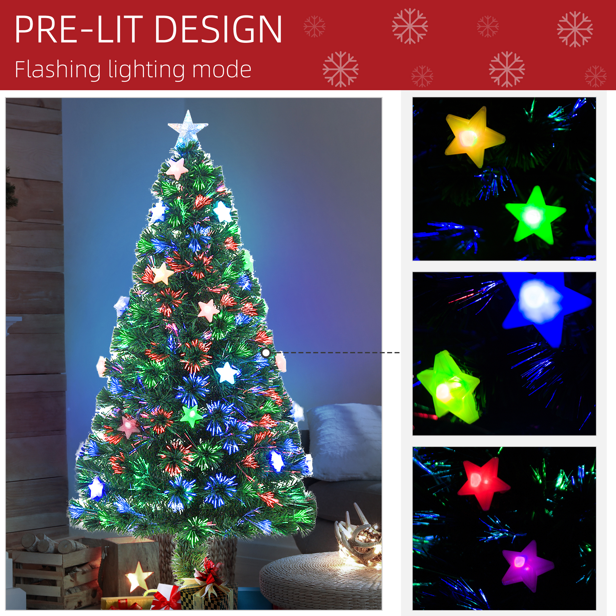 HOMCOM 5FT Prelit Artificial Christmas Tree Fibre Optic Star LED Light Holiday Home Xmas Decoration with LED Light for Indoor Party, Green 5