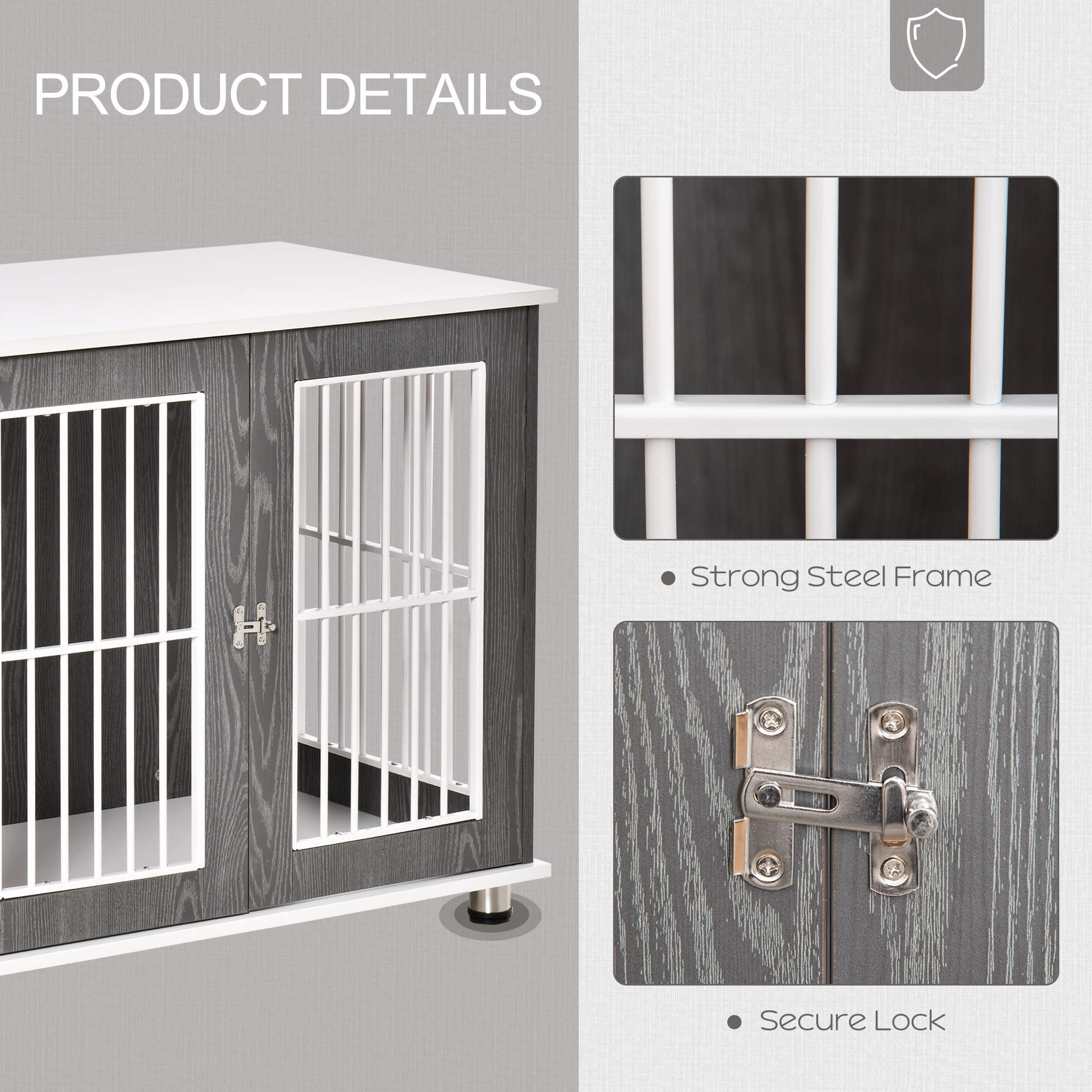 PawHut Dog Crate Wooden Pet Kennel Cage End Table w/ Lockable Door for Small Medium Dog Grey & White 85 x 55 x 75 cm 5