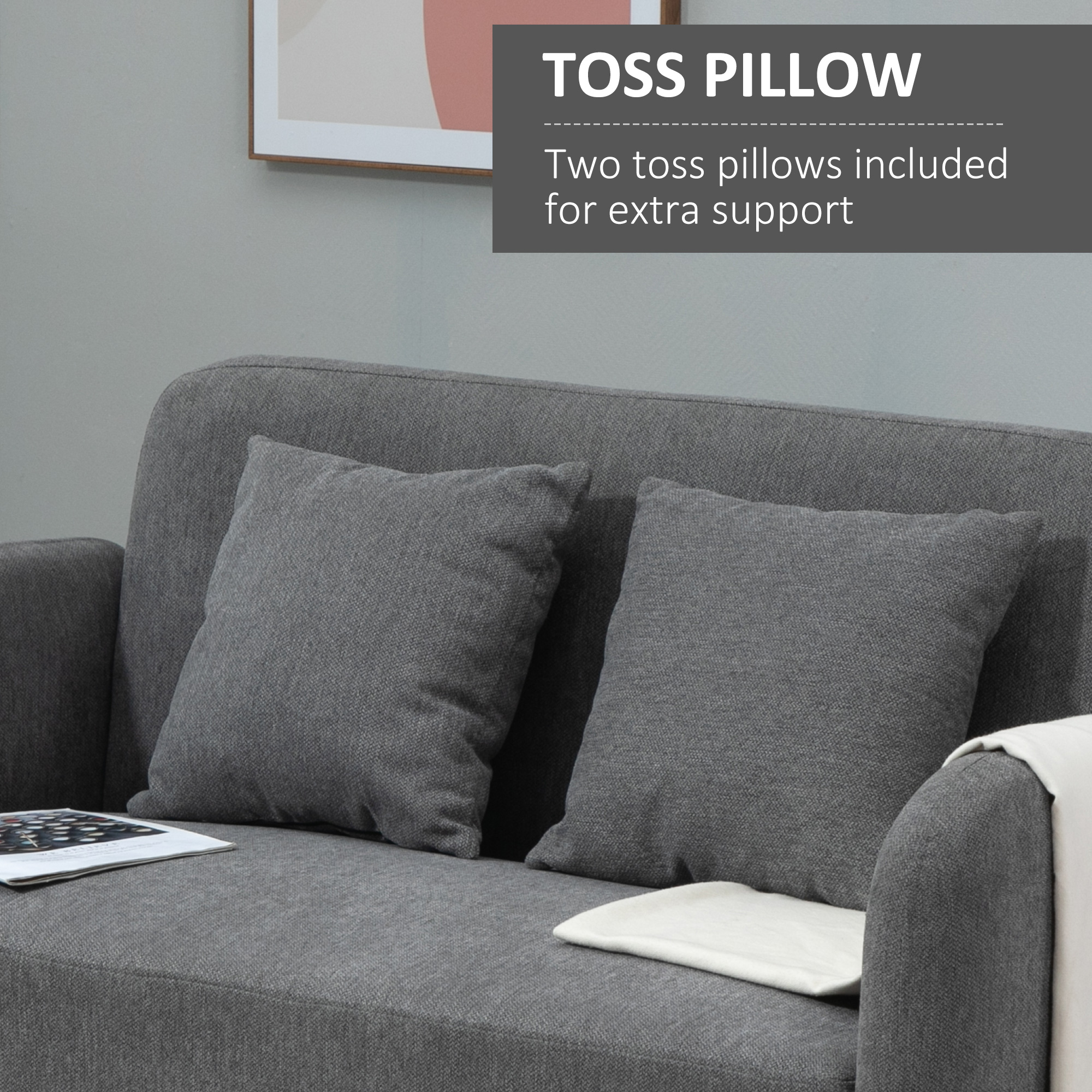 HOMCOM 2 Seater Sofa, Modern Fabric Loveseat Sofa, Small Couch with 2 Pillows, Armrest and Wood Legs for Living Room, Bedroom, Home Office, Grey 7