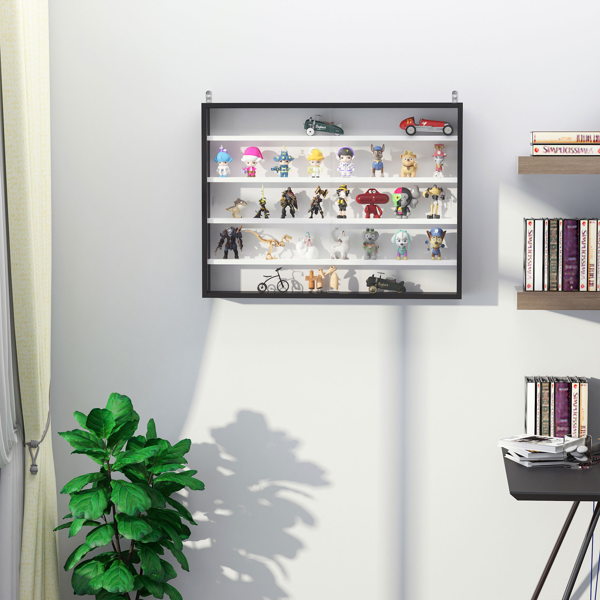 HOMCOM 5-Tier Wall Display Shelf Unit Cabinet w/ 4 Adjustable Shelves Glass Doors Home Office Ornaments 60x80cm Black/White 7