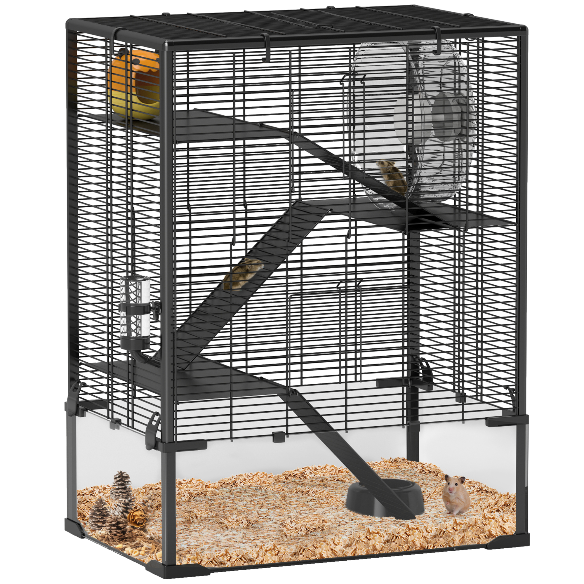 PawHut 4 Tier Hamster Cage w/ Tubes, Exercise Wheel, Hut, Water Bottle, Food Dish, Ramps, for Dwarf Hamster, Light Blue
