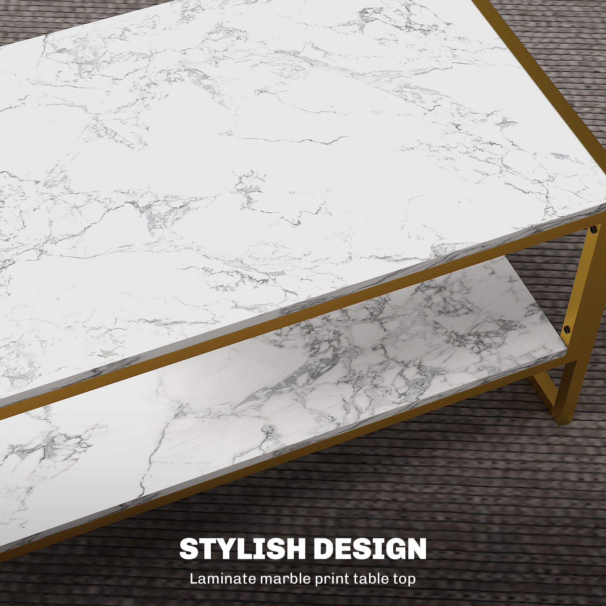 HOMCOM Coffee Table, Two-Tier Faux Marble Effect Centre Table with Metal Frame and Storage Shelf for Living Room, 106 x 50 x 45cm, White 6