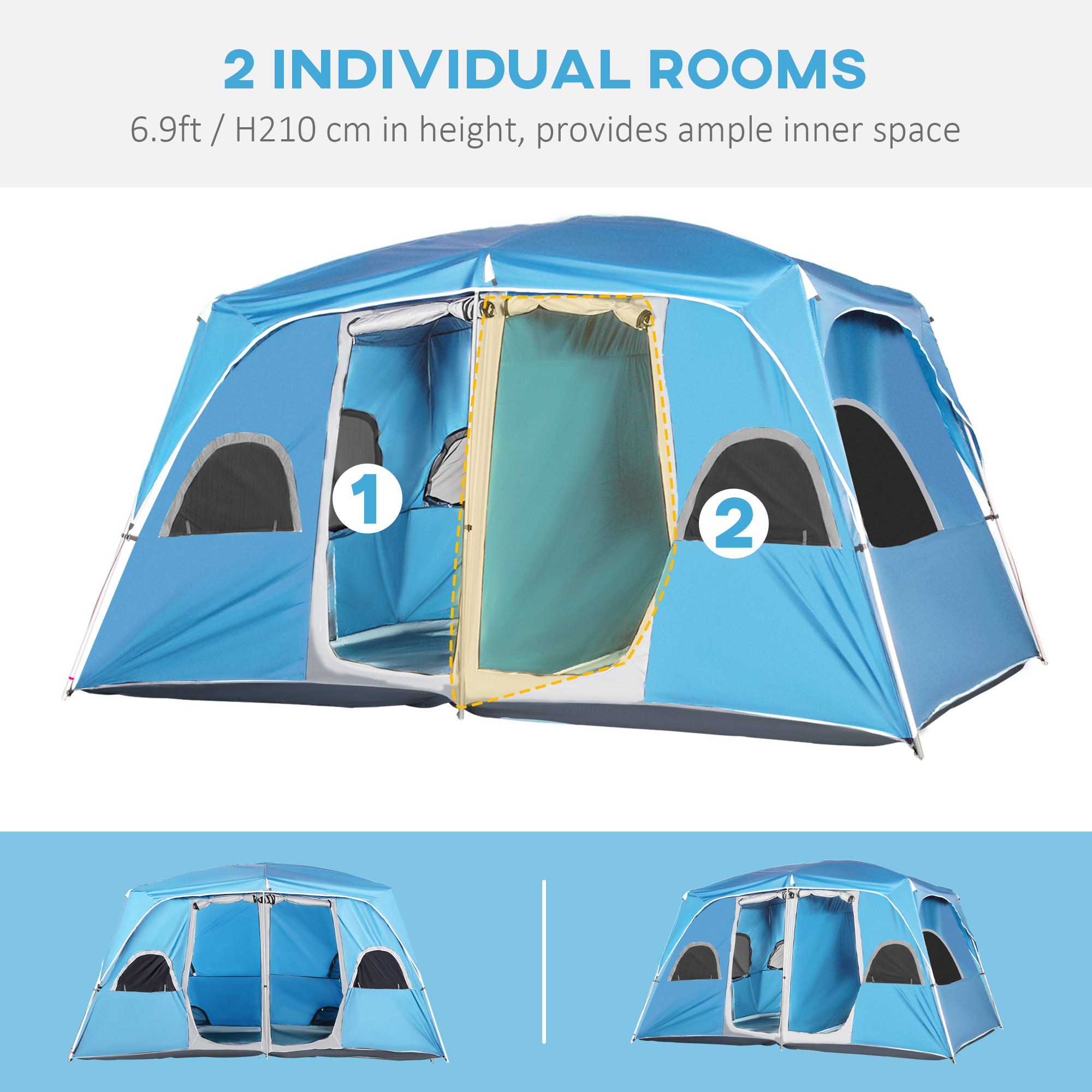 Outsunny 4-8 Person Camping Tent Family Tent with 2 Room, Mesh Windows, Easy Set Up for Backpacking, Hiking, Outdoor, Blue 4