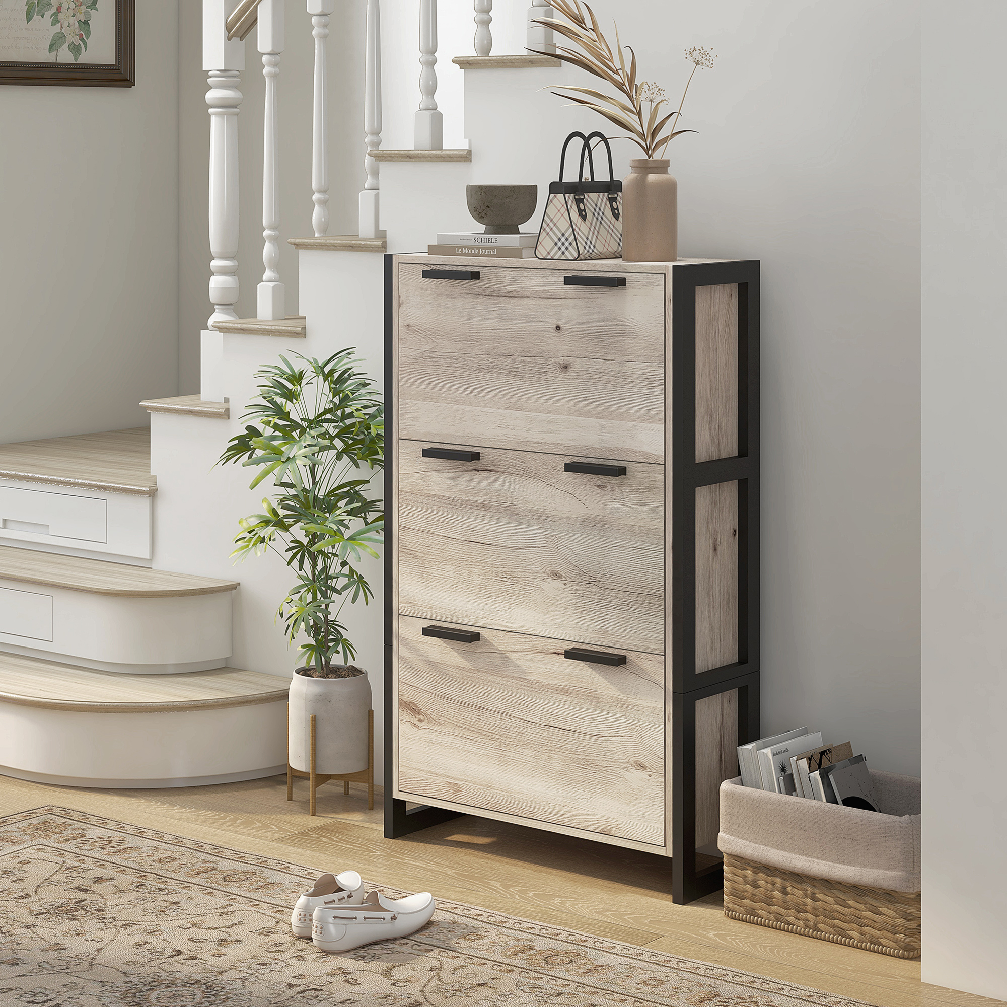 HOMCOM Shoe Storage Cabinet with 3 Flip Drawers Adjustable Shelf 18 Pairs Narrow Shoe Cupboard for Entryway Natural Wood-effect 2