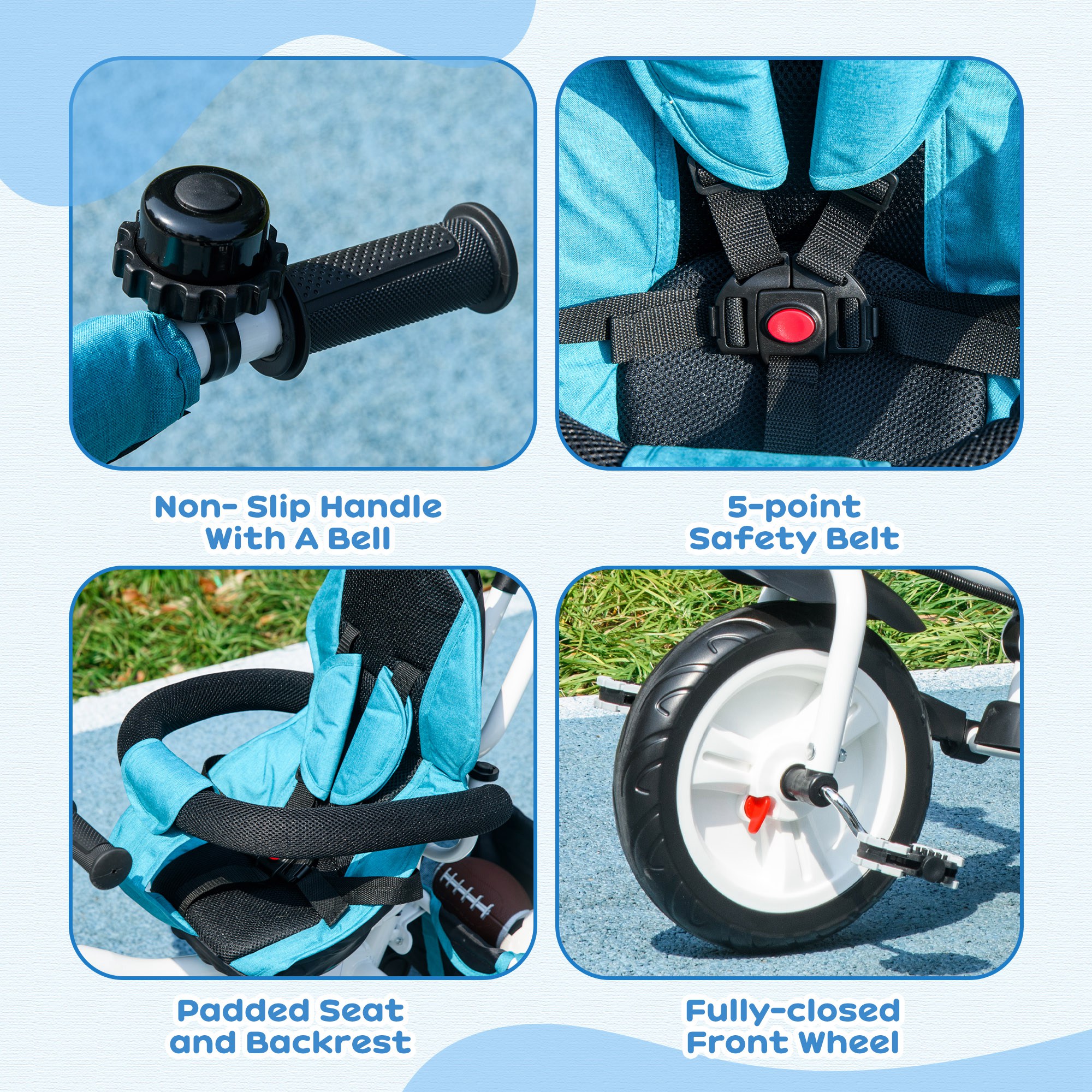 HOMCOM 6 in 1 Kids Trike Push Bike w/ Push Handle, Canopy, 5-point Safety Belt, Storage, Footrest, Brake, for 1-5 Years, Blue 7