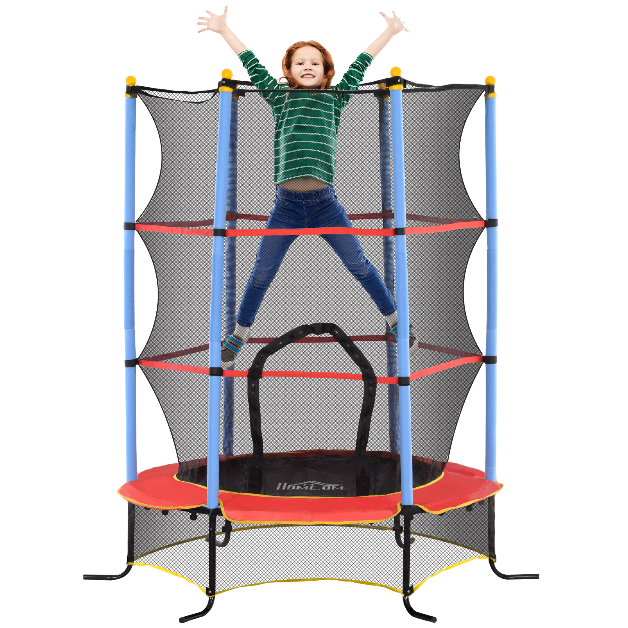 Image of HOMCOM Trampolino per Bambini con Tappeto Elastico, Rete di Sicurezza e Pali Imbottiti, Età 3-10 Anni, Blu006