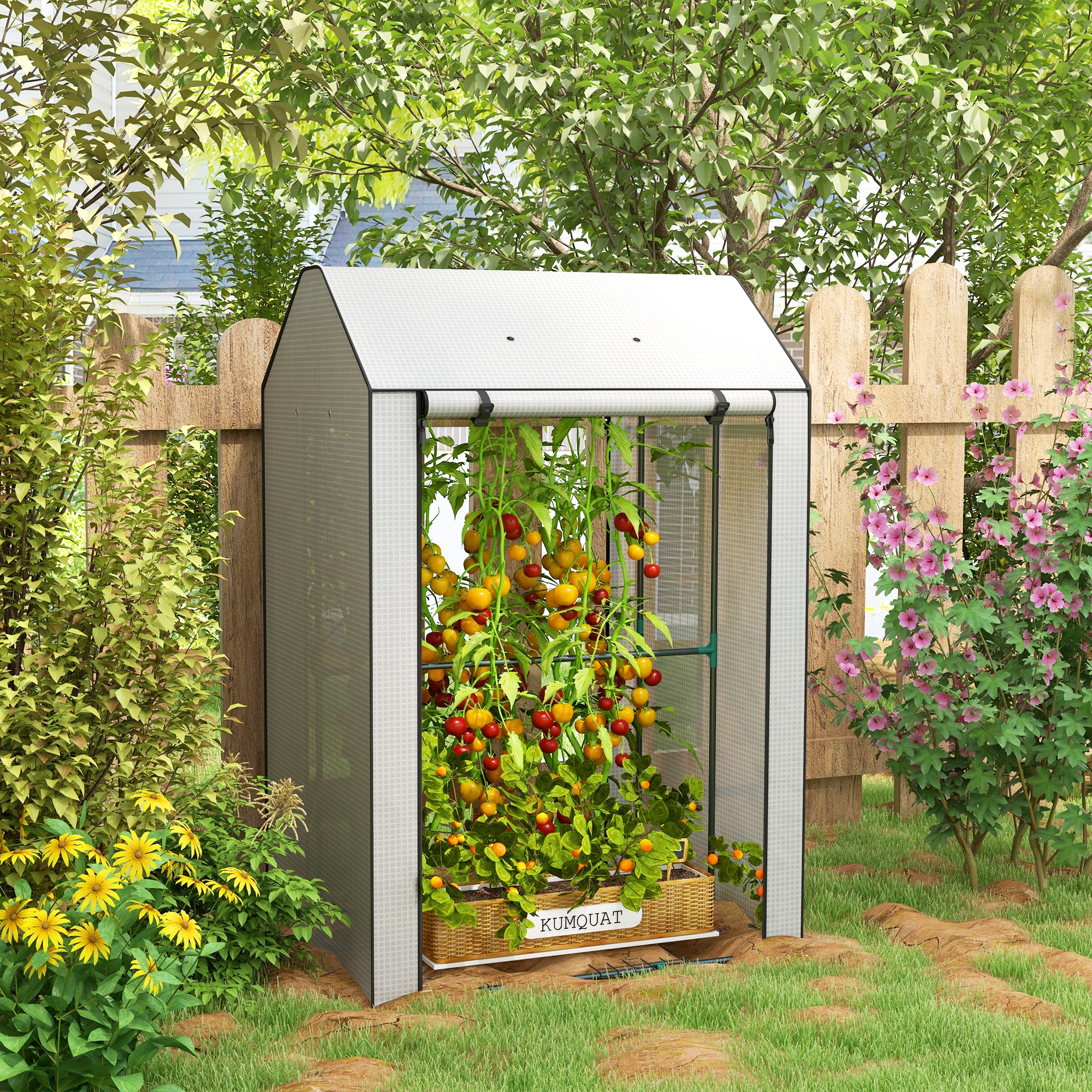 Outsunny Mini Greenhouse with 4 Wire Shelves, Portable Tomato Greenhouse, Upgraded Garden Grow House for Plants with Roll Up Door and Vents, 100 x 80 x 150cm, White 2