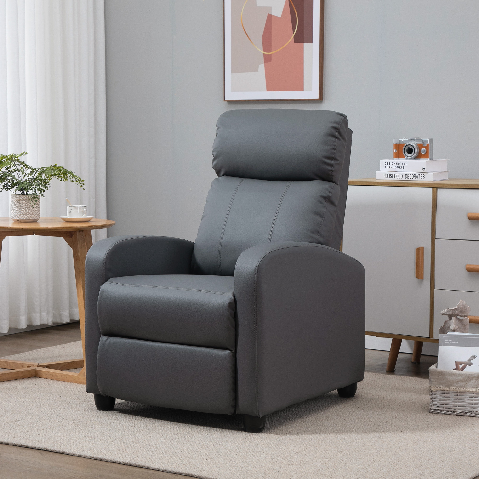 HOMCOM Recliner Armchair, Massage Faux Leather Push Back Reclining Chair with Adjustable Leg Rest, Side Pocket, for Home Living Room Theatre, Grey 2