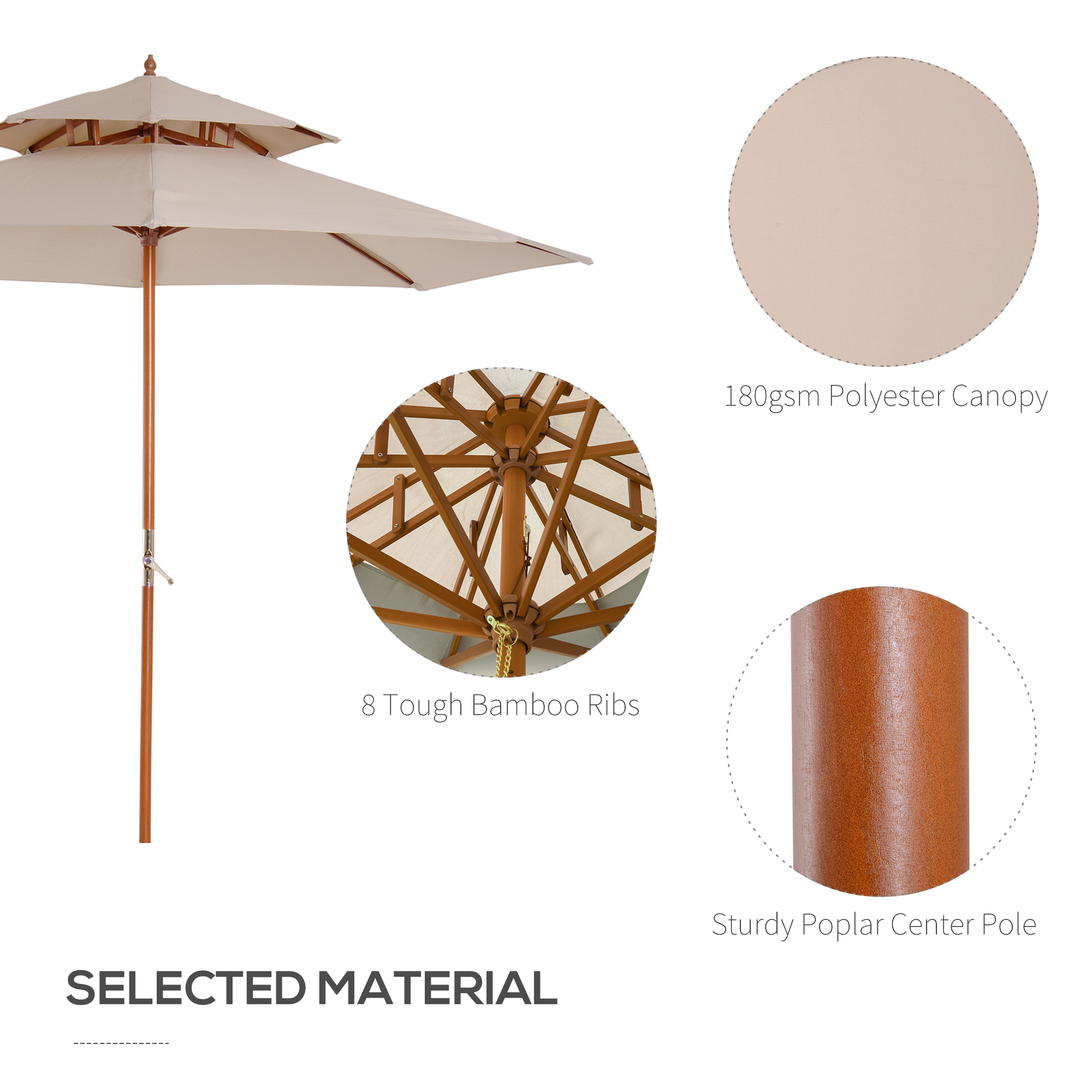 Outsunny 2.7m Wooden Parasol Elegant Two-Tier Design Garden Parasol Umbralle for Outdoor Shade, Beige 5