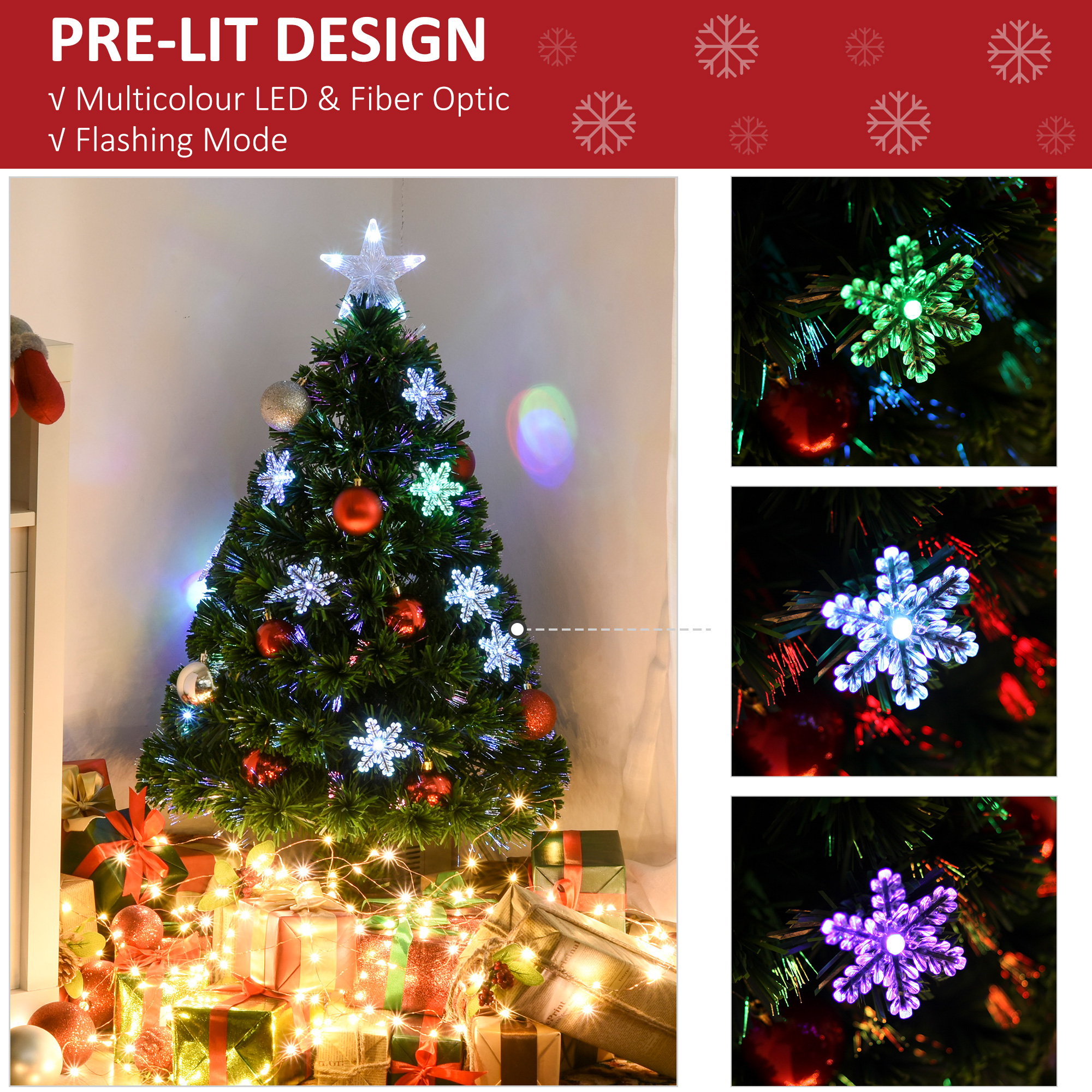 HOMCOM 3FT Green Fibre Optic Artificial Christmas Tree Xmas Colourful LED Scattered Tree with Snowflakes Ornaments Fireproofing 4