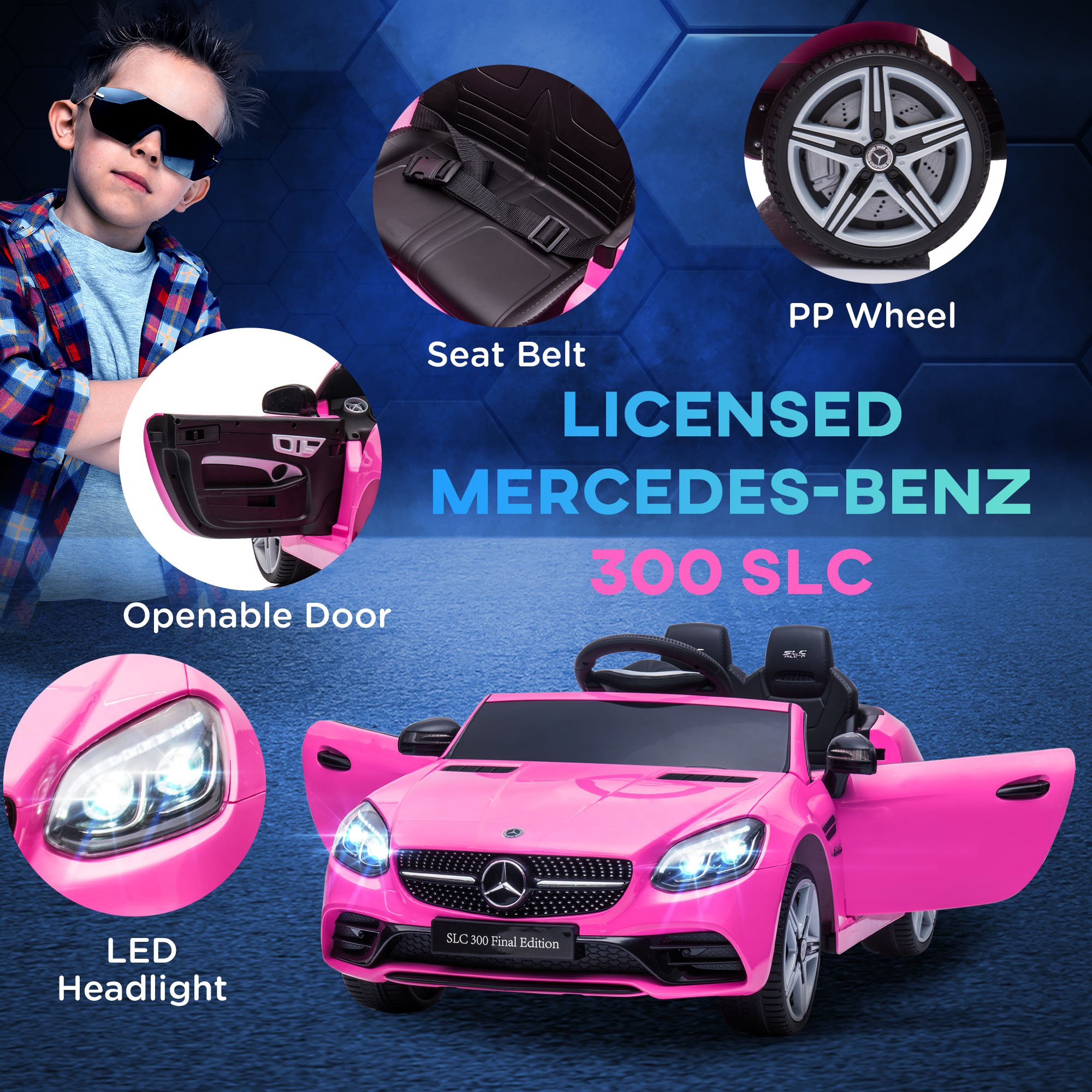 HOMCOM Benz SLC 300  Licensed 12V Kids Electric Ride On, with Music, Remote Control, LED Headlights, Horn, Pink 6