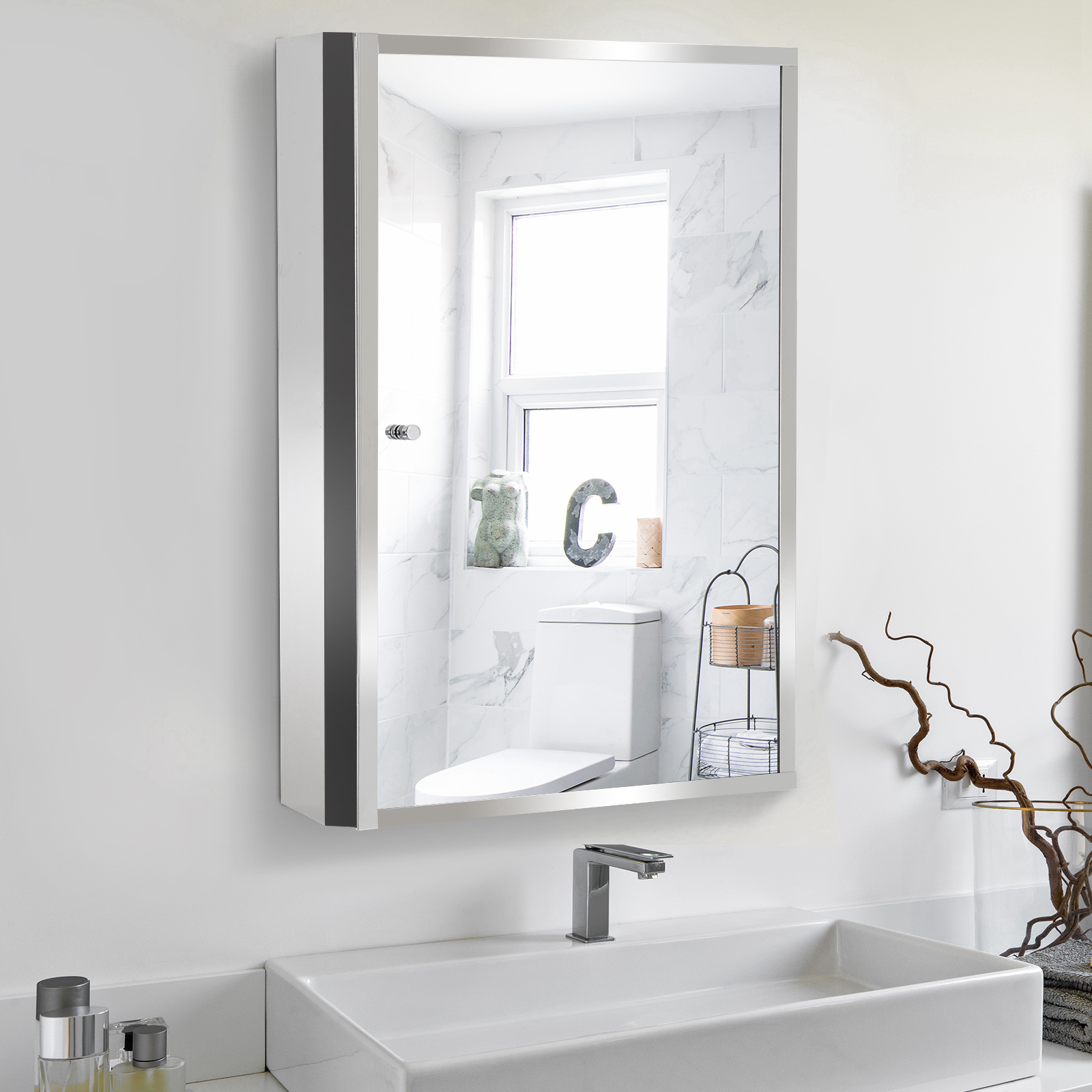 HOMCOM Stainless Steel Wall mounted Bathroom Mirror Cabinet 2 Shelves Storage Unit Furniture w/Single Door (60H x 40L x 13D (cm)) 7