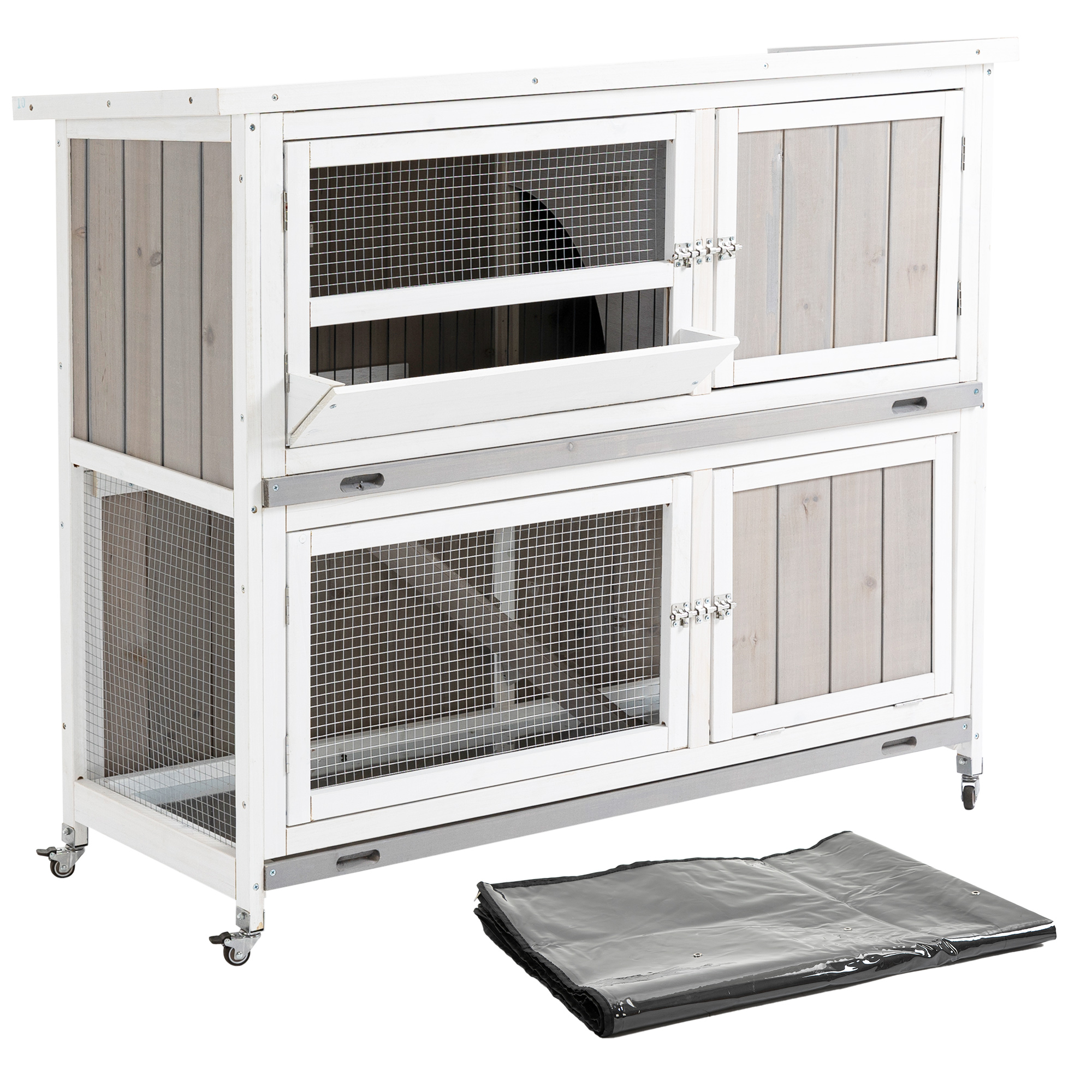 PawHut Two-Tier Rabbit Hutch, with Sunlight Panel Roof, Slide-Out Tray - Grey