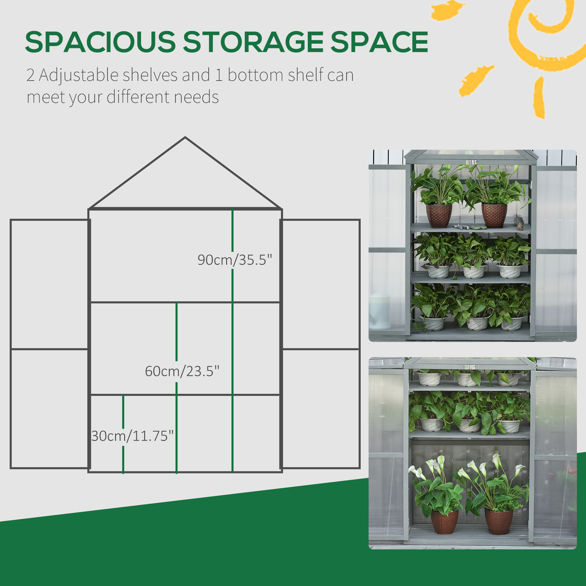 Outsunny Garden Cold Frame Polycarbonate Greenhouse with Adjustable Shelves, Double Doors, Openable Top Covers, Grow House for Flower Vegetable Plants, 80 x 47 x 138cm, Grey 5