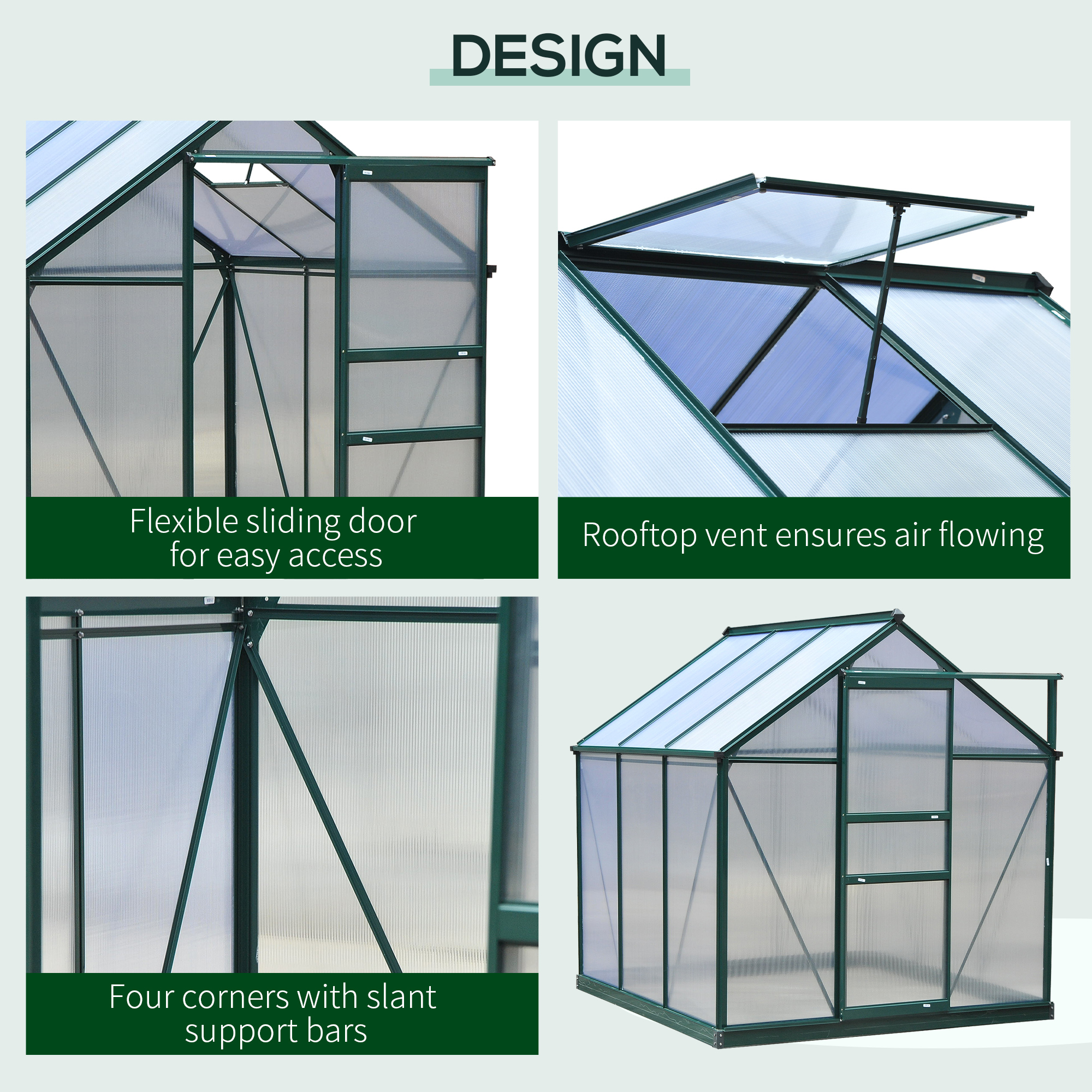 Outsunny 6 x 6ft Polycarbonate Greenhouse, Large Walk-In Green House with Slide Door and Window, Garden Plants Grow House with Aluminium Frame and Foundation, Dark Green 4