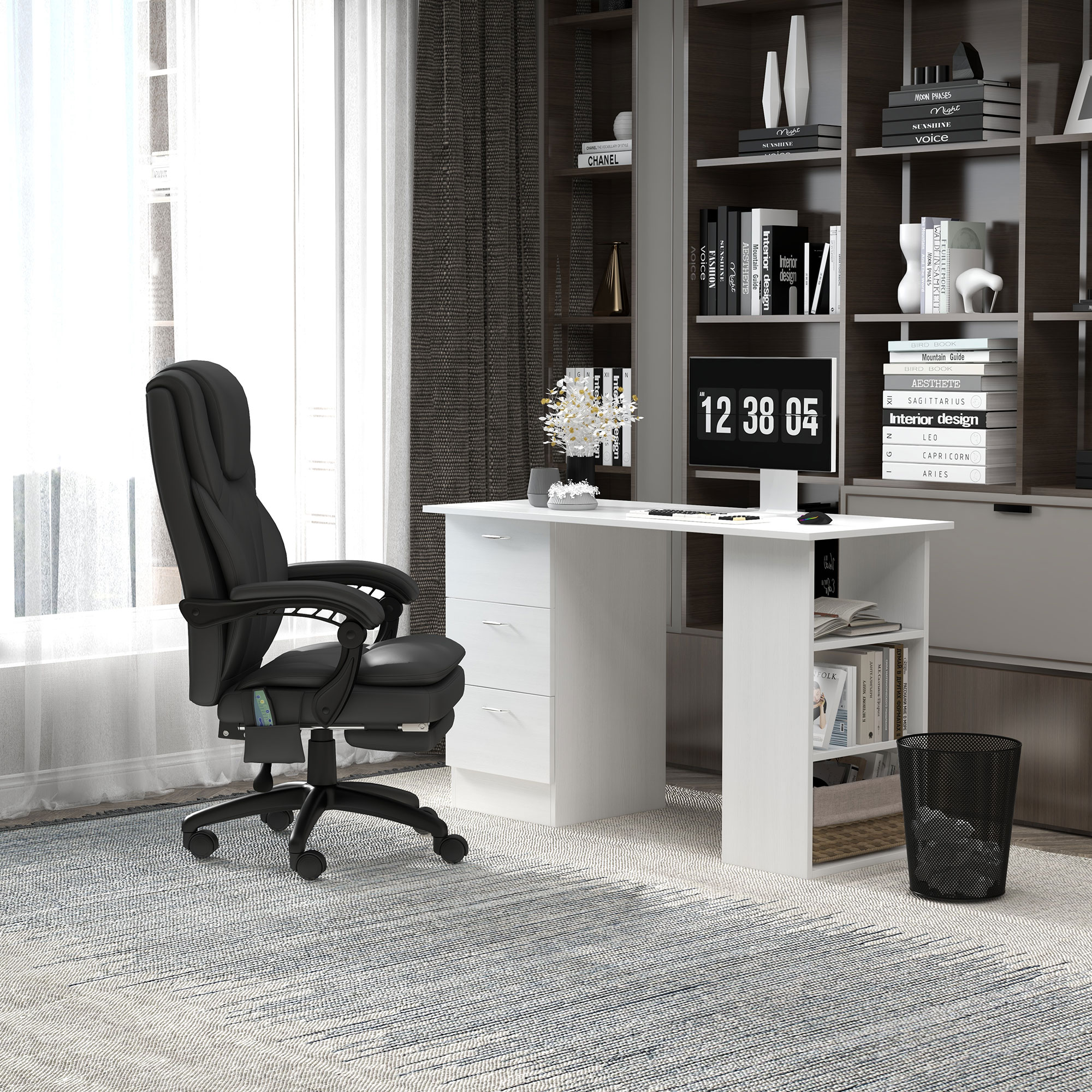 HOMCOM Computer Desk, Writing Table, PC Workstation with 3 Storage Shelves and Drawers, Silver Handle, for Home Office, White 9