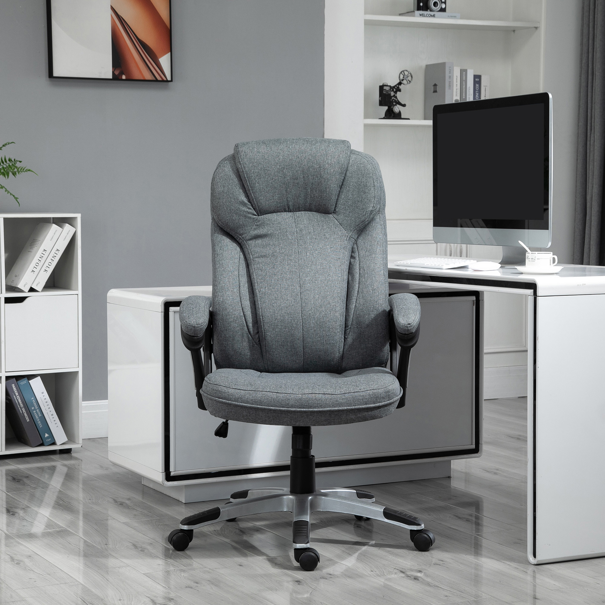 Vinsetto Office Chair, Linen Fabric Desk Chair, Height Adjustable Computer Chair with Padded Armrests, Swivel Wheels and Tilt Function, Grey 2