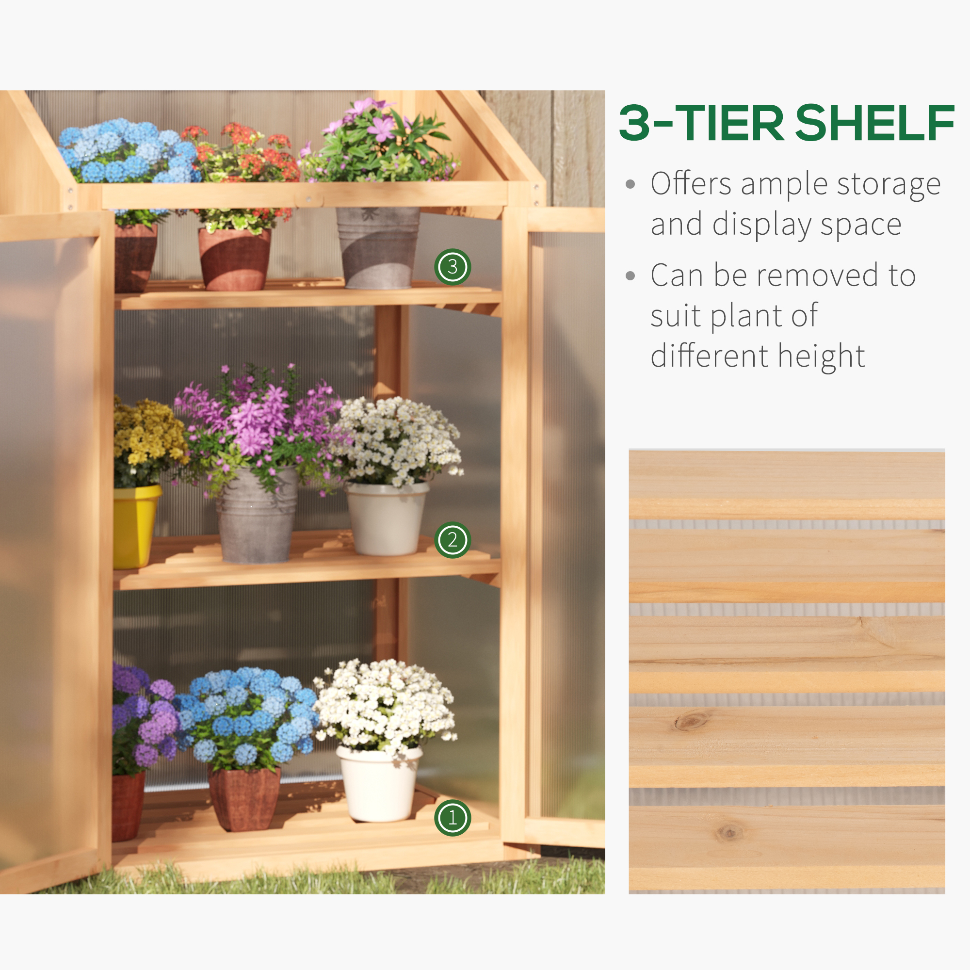 Outsunny Wooden Cold Frame Polycarbonate Greenhouse with Openable Top Cover and Double Door, Grow House for Flower, Vegetable and Plants, 70 x 50 x 120cm, Grey 5