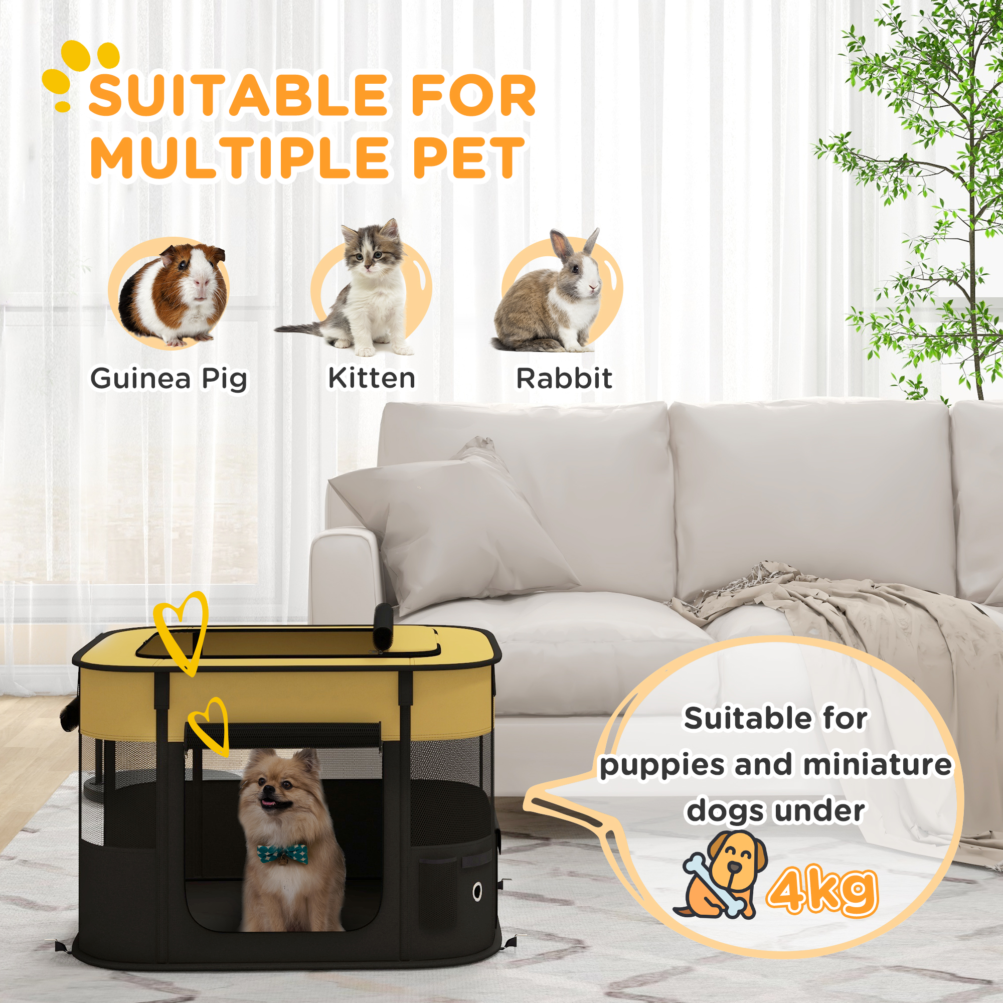 PawHut Foldable Dog Pen with Storage Bag for Indoor/Outdoor Use, Portable Pet playpen, with Ground Stakes Yellow 4