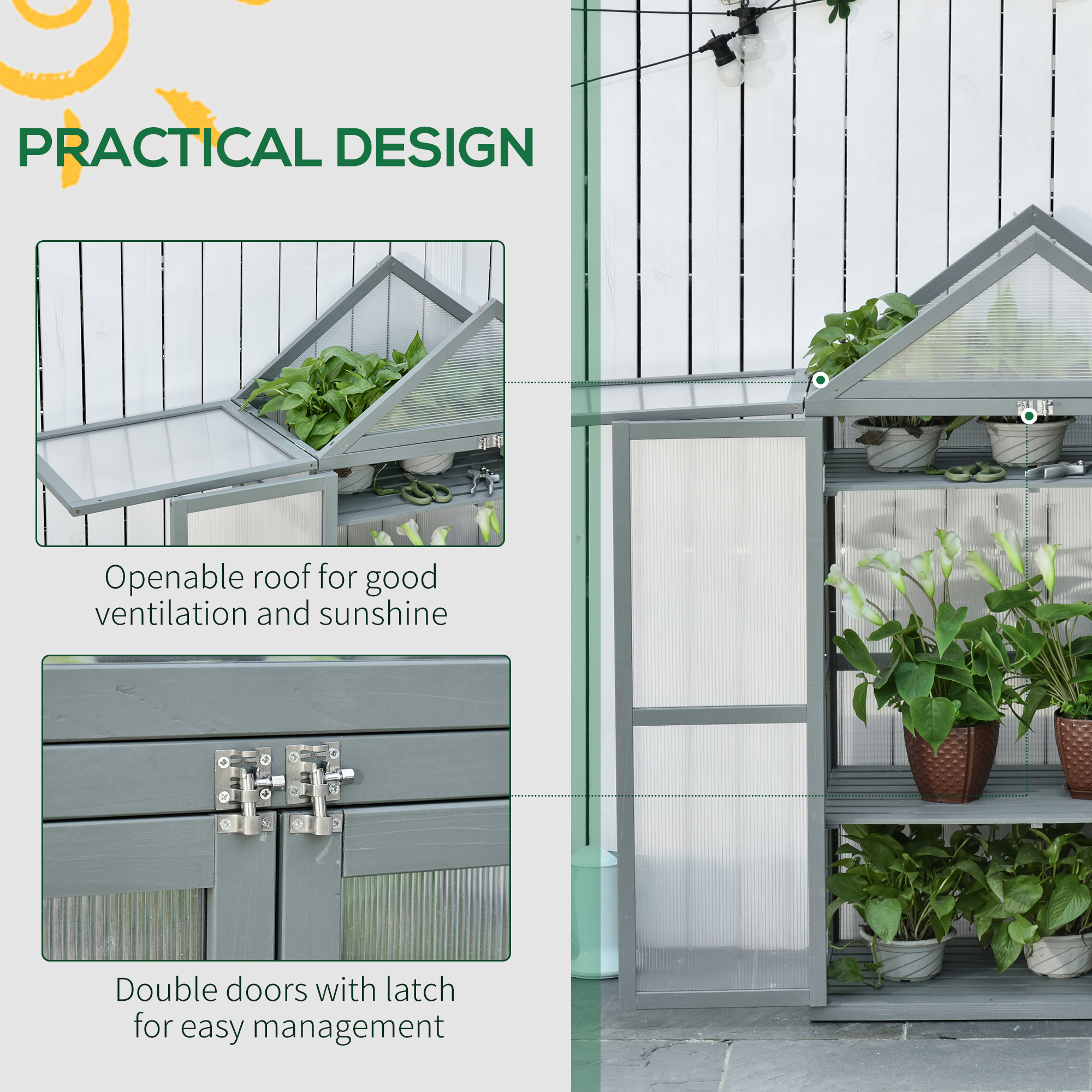 Outsunny Garden Cold Frame Polycarbonate Greenhouse with Adjustable Shelves, Double Doors, Openable Top Covers, Grow House for Flower Vegetable Plants, 80 x 47 x 138cm, Grey 6