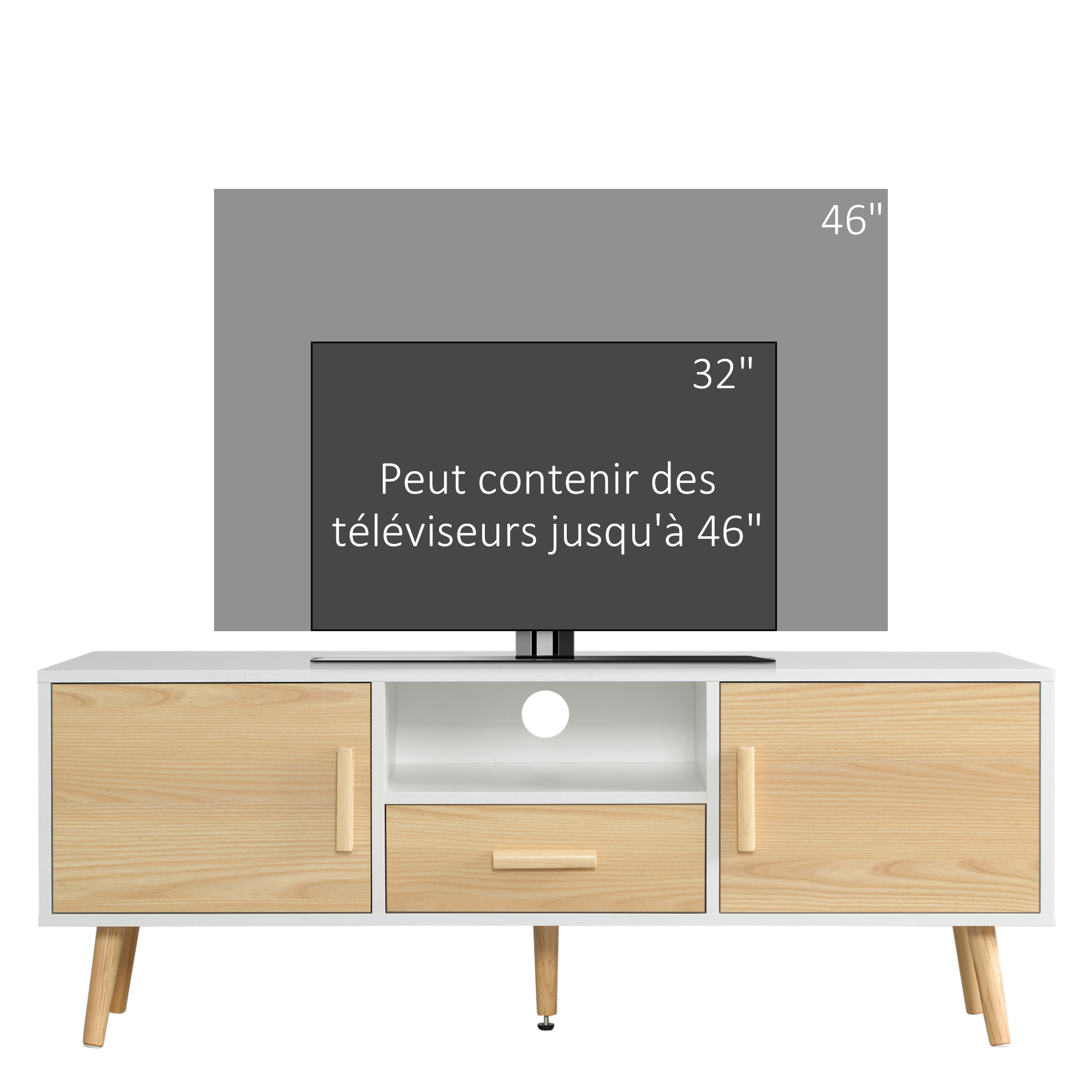 Meuble TV Bas Style Scandinave HOMCOM 90x30x46 Cm - 4 Tiroirs, Niche, Passe-câbles, Bois Et Blanc