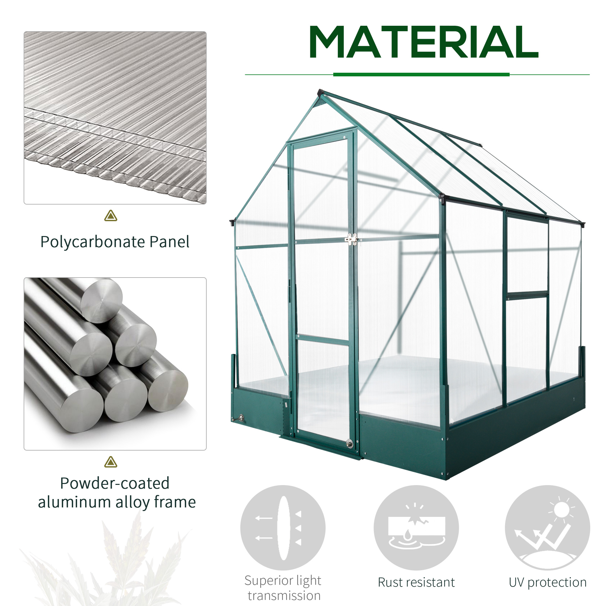 Outsunny 6x6 FT Polycarbonate Greenhouse with Base and Raised Bed, Walk-in Greenhouse with Aluminium Frame, Temperature Controlled Window, Foundation for Plants, Flowers, Vegetable 4