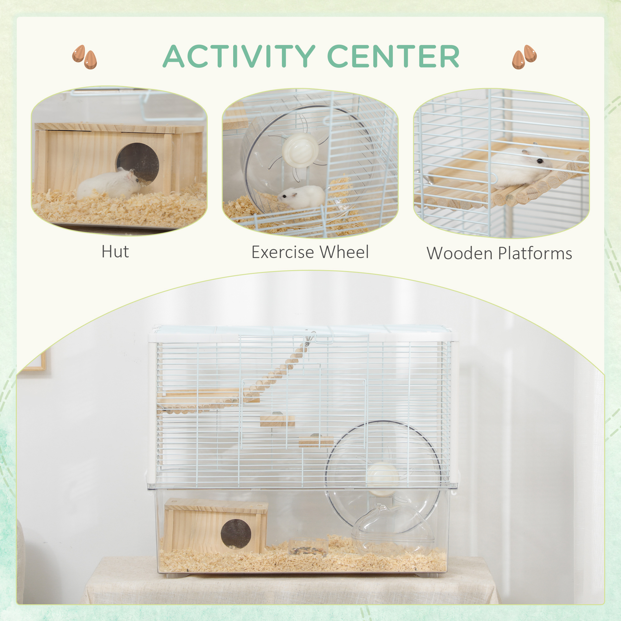 PawHut Hamster Cage, Gerbil Cage with Wooden Ramp, Exercise Wheel, Food Bowl White 4
