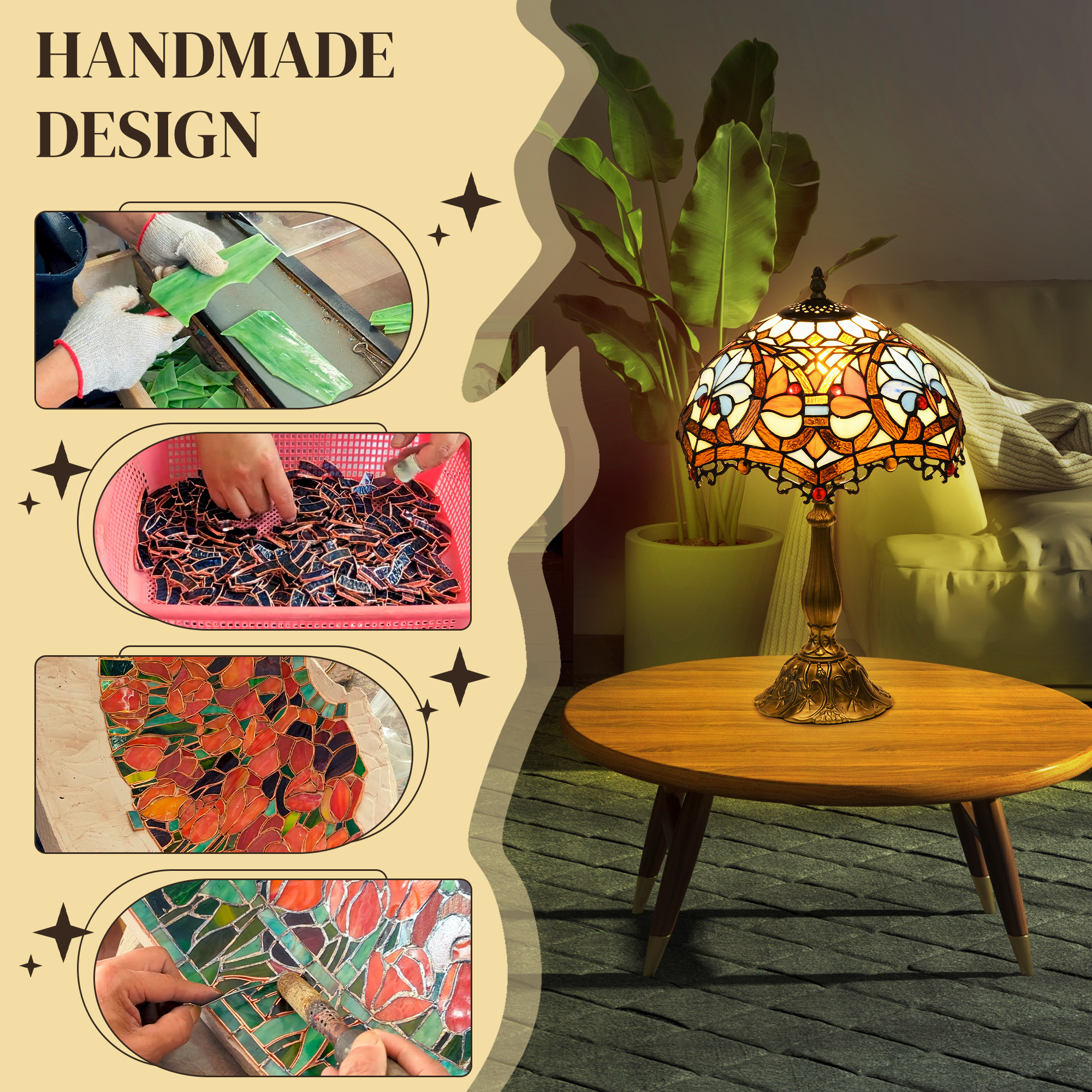 HOMCOM Stained Glass Table Lamp, Handcrafted Artisan Collectible, Suitable for Living Room and Bedside, Multi-Coloured, Ф30 x 48Hcm, Zinc Alloy. 4