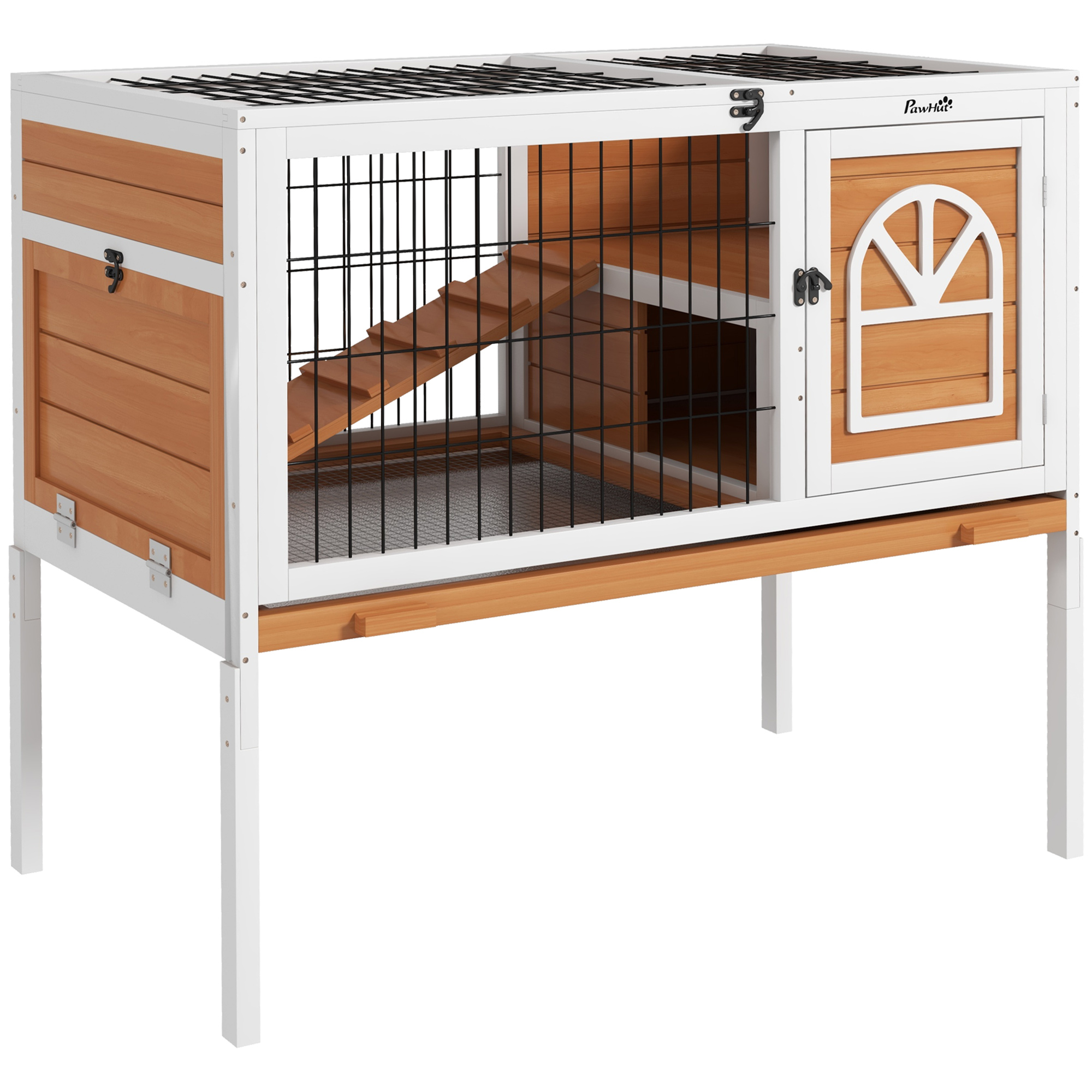 PawHut Wooden Rabbit Hutch, Guinea Pig Cage, with Removable Tray, Openable Roof, Grey