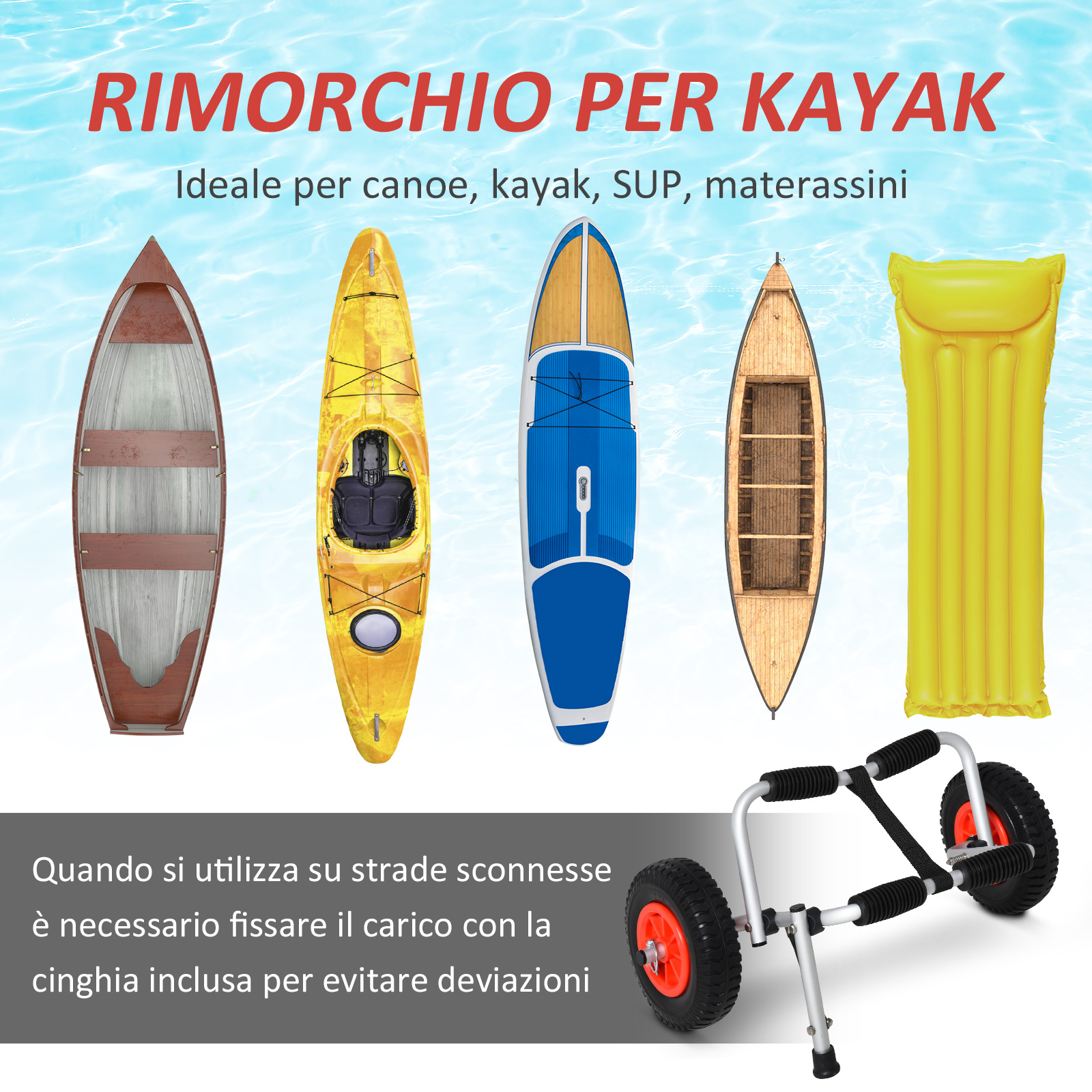 Carrello Porta Kayak HOMCOM Pieghevole In Alluminio – Trolley Per Canoa E SUP, Ruote In PU, Capacità 75 Kg, Antiscivolo, Compatto Da Riporre